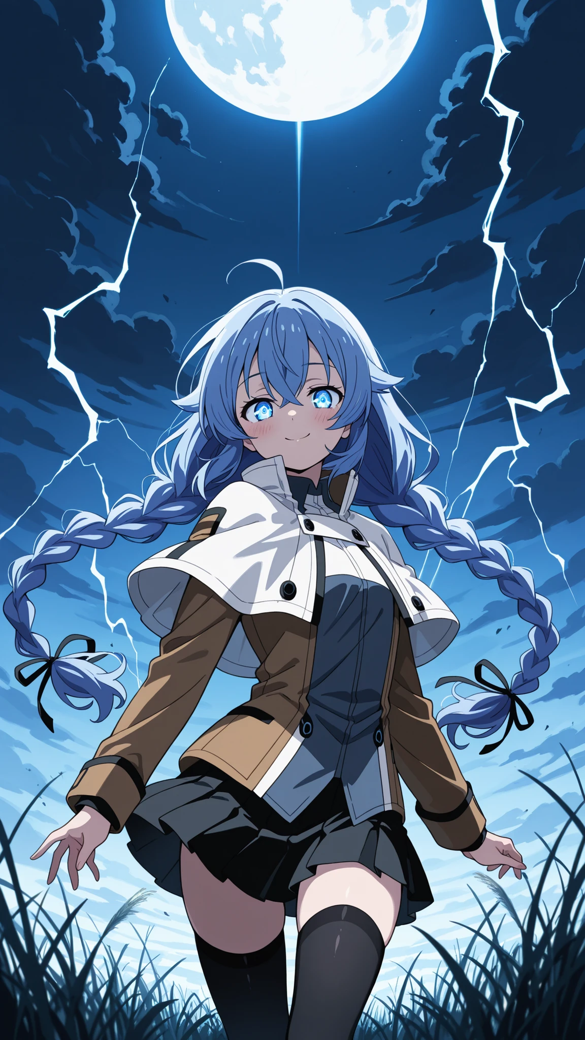 BREAK (masterpiece:1.2), best quality, high resolution, unity 8k wallpaper, (illustration:0.8), (beautiful detailed eyes:1.6),wide open field under a massive glowing full moon, dark swirling storm clouds in the sky, tall grass bending in strong wind, tension in the atmosphere, distant lightning behind clouds, dramatic and surreal lighting, high contrast shadows, cinematic scenery,roxy, ahoge, black ribbon, blue eyes, blue hair, braid, hair between eyes, hair ribbon, long hair, twin braids, very long hair,,black legwear, black skirt, capelet, jacket, brown jacket, long sleeves, miniskirt, open clothes, open jacket, pleated skirt, skirt, white capelet, white footwear, white jacket,,blush, seductive expression,floating hair,looking at viewer,cowboy shot,smile,sexy pose,arched back
