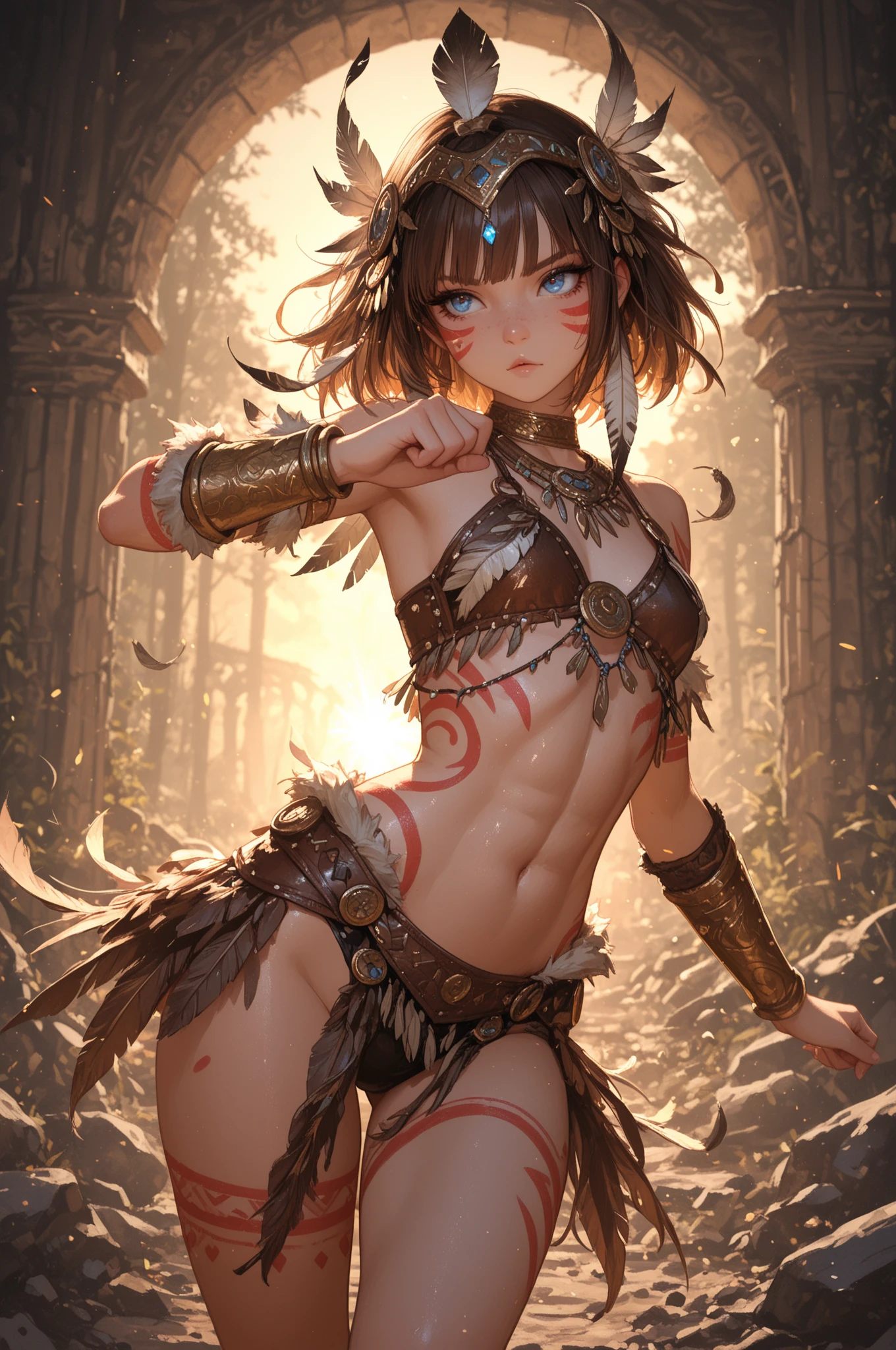 (topless), nsfw, masterpiece, 1 girl, erect nipples, nipples, navel, necklace, fur waist skirt, bare breasts, bare stomach, sweaty, small breasts, puffy nipples, bare arms, hands on waist, elbows, warrior, outdoors, brown hair, prehistoric, child, solo, celtic, holding weapon, open mouth, looking away, spear, weapon