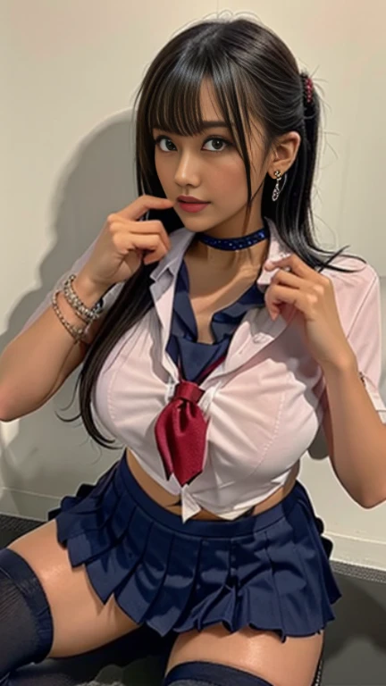 (NSFW:1.5)、Highest quality、8k、Realistic、Bright lighting、Spring Sunshine、17 years old、high school girl、very cute、Fair skin、Face Light、Captivating eyes、(Droopy eyes:1.3)、((Watery eye:1.3))、(Ecstasy face)、Please open your mouth a little、pain、sad、blush、(Long pink hair with bangs)、Earrings、necklace、Shiny skin、Big Breasts、((Perfect Anatomy))、((Perfect limbs))、((Thin hands、Thin fingers、Five fingers))、(Red bow tie around neck:1.5)、((White short sleeve shirt:1.3))、(丈の短いWhite short sleeve shirt)、(The chest of the shirt is wide open、the udder is completely exposed,:1.6)、(Glossy flesh-colored breasts exposed:1.6)、(The chest of the shirt is wide open、Nipples fully exposed:1.6)、(Nipple Piercing Rings)、(((Raise both arms straight up and tie them with chains:1.6)))、(((hoist to the ceiling:1.8)))、((Navy blue tartan pleated mini skirt:1.6))、((Navy blue tartan pleated mini skirt:1.6))、(Spread your legs:1.5)、((Low angle shot:1.5)、(Her white lace panties with holes in them are completely exposed:1.6)、(From white lace panties with holes、I can see a beautiful pussy:1.6)、(I can see a beautiful vagina:1.6)、(Small labia minora visible:1.3)、(Ceiling angle from below:1.3)、(Focus on the vagina:1.5)、Very slim legs、Beautiful legs、White Short Socks、In a hotel room、