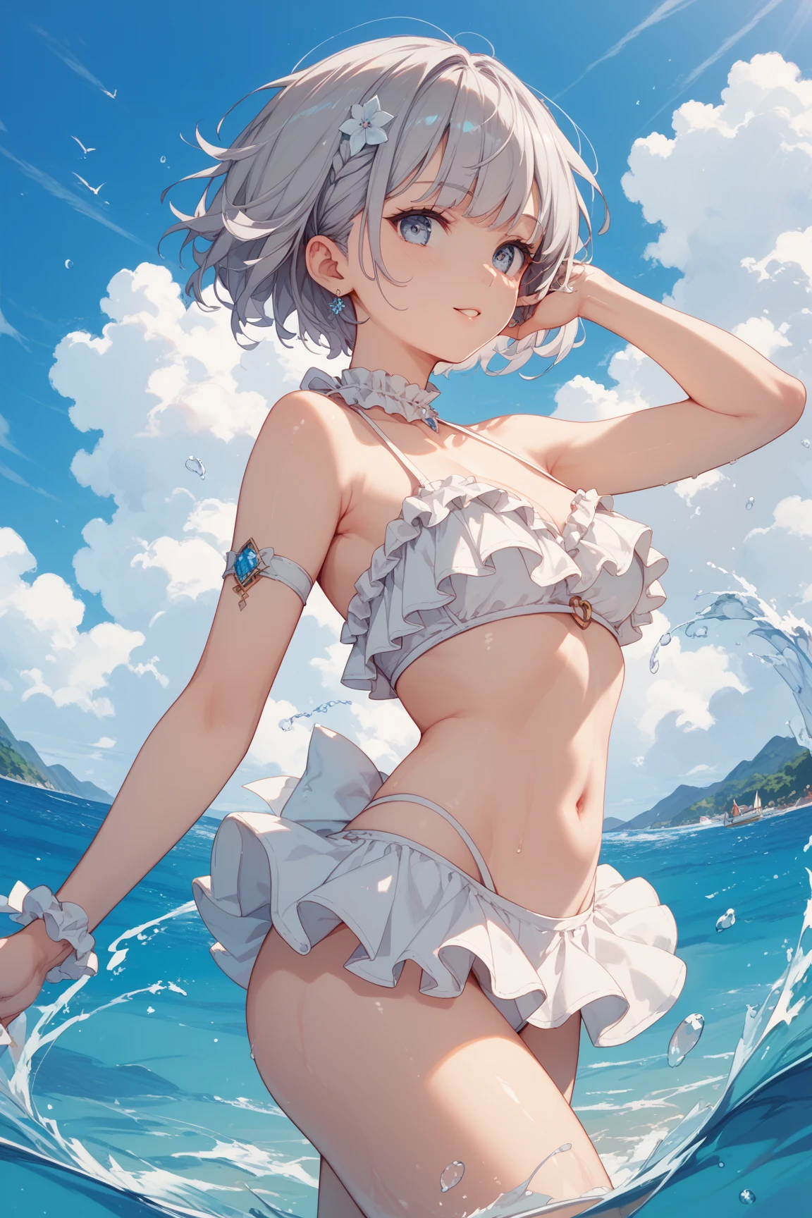 young girl　silver hair　white dress　　　short hair　big jewelryが付いたドレス　Dresses with large slits　dress that opens below the navel　　irreverent face　look down　thin body　thin thighs　small breasts　small ass　toned body　wrist bracelet　jewelry bracelet　tiara with jewels　sun　ripped abs　Skirt Dresses　blue sky　big cloud　slanted eyes　white skin　I can see your nipples　I can see your belly button　high quality　High resolution　8K waving in the wind　See-through　perfection　symmetrical　big jewelry　Beautiful 　red eyes