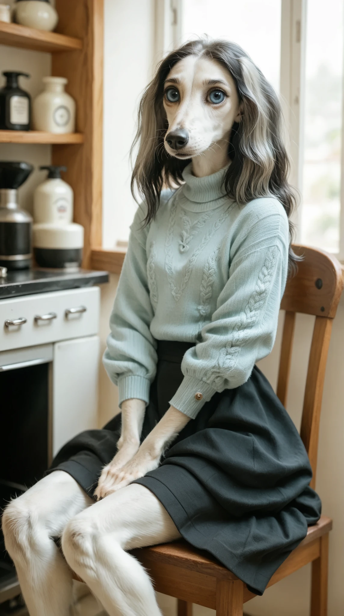 a young girl sitting in a barber's chair. Set in a Hair Salon barbershop. saluki, sighthound, light blue eyes, black fur, paws, sweater blouse, cute skirt, silver locket