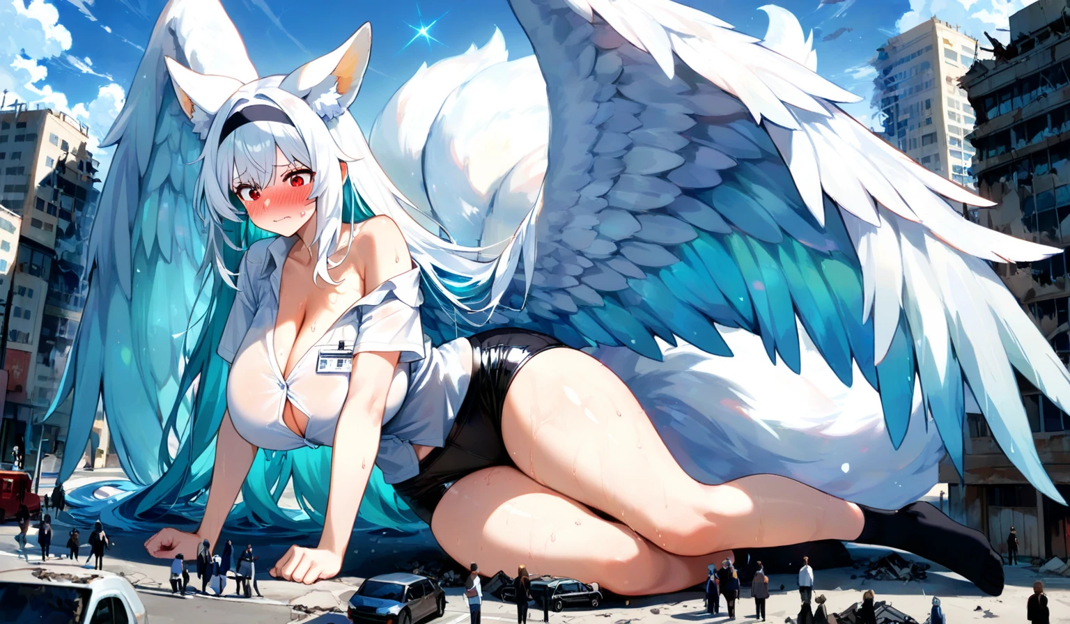 ({{highres}}) NFSW,anime girl,18 year old tenage girl, animated style, beautiful hatsune miku x kitsune white, shy girl , kitsune ears, dark art by natasha, city landscape, aztra vixen art, full body high definition in details the best image quality, add_detail:1 kitsune in heaven add_detail:1, flying from the sky observes a city, apunto de diaparar un rayo solar con su brazo izquierdo add_detail:1, Angel Girl, 6 feather angel wings add_detail:1