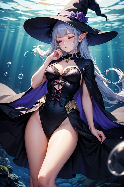 This is a hot spring made of rocks with a nice view in the mountains、deep in the night、Moon and starry sky、You can see the beautiful sea behind you、Moonlight reflecting off the sea、Woman bathing in a hot spring、Photograph her from an angle of 45 degrees above、One 27-year-old woman with small breasts、She wears a large black witch hat with sapphire accessories、White hair with a bluish-purple mesh、Blue eyes with highlights、She is soaking in a hot spring、Soak up to your shoulders in the hot springs、She is naked、She's naked、She doesn't wear anything、small tits、discreet breasts、A fragile smile、hiquality、High Details、high-level image quality、4K picture quality、beatiful backgrounds
