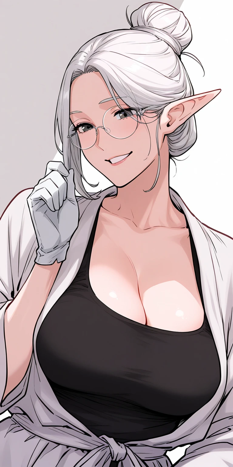 <lora:tachibanachizuru-nvwls-v1:1> tachibana chizuru, silver hair, hair over one eye, collarbone, black camisole, cleavage, labcoat, jeans, shy, blush, from above, looking at viewer, looking up, seated on table