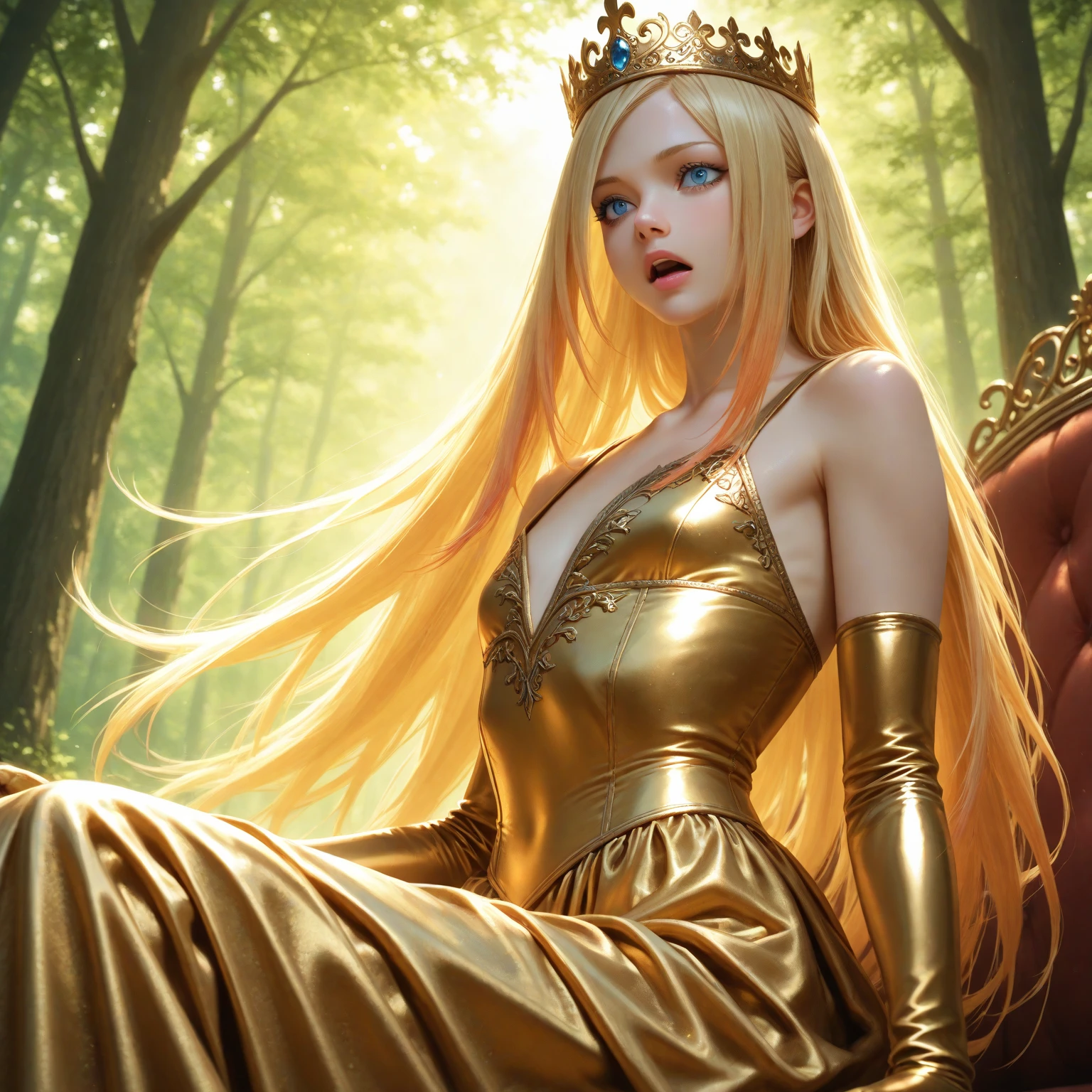 1 gorgeous European blonde woman, age 23, wavy hair floating in the wind, she is the powerful queen of the sylvan world, she sits on her metallic and wooden throne, tree Leeds, ivy, dramatic light, perfect body, perfect hands, perfect legs, perfect hair
