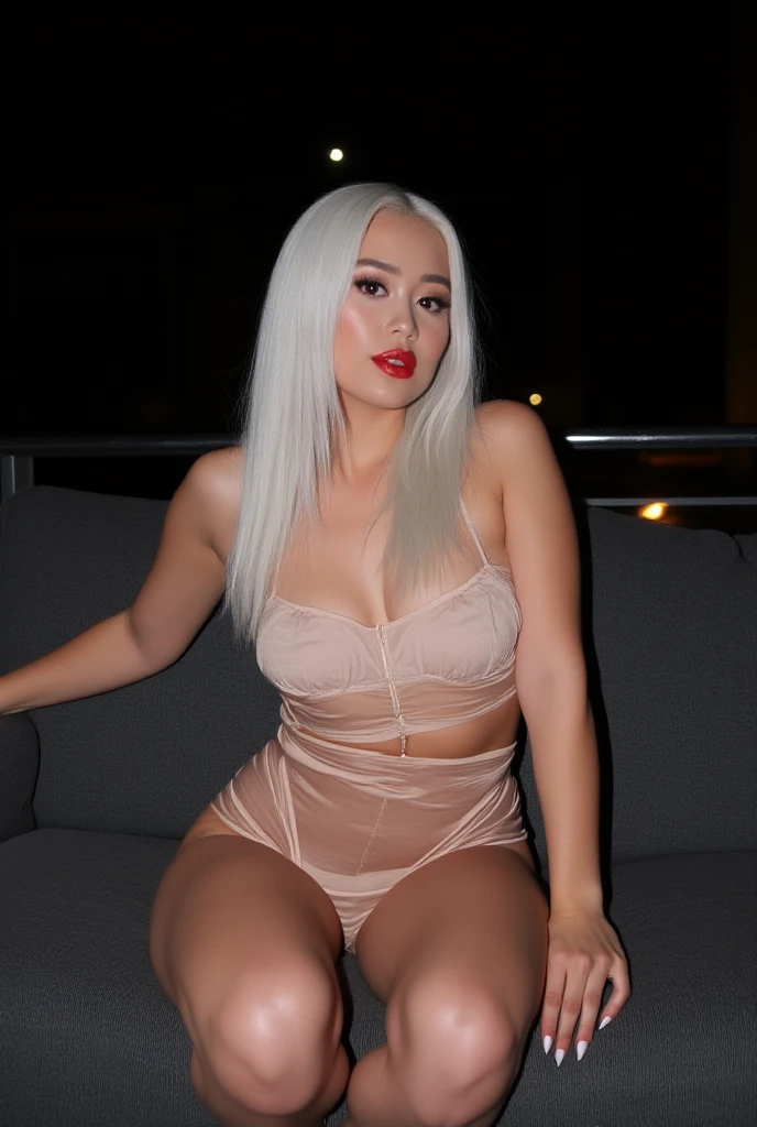 blond woman in a white lingerie in chiffon transparent sitting on a couch, sexy look, seductively looking in front, very sexy outfit, sexy look at the camera, very sexy, looking hot, very sexy pose, revealing outfit, sexy body in a white lingerie in chiffon transparent, wearing a black bodysuit, sweaty 4 k, sexy girl, blonde goddess, massive legs towering over you, sexy outfit