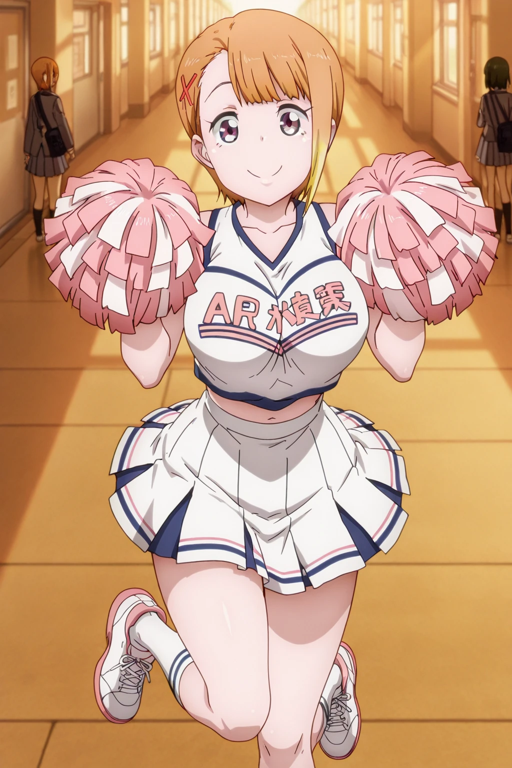Score 9, Score 8 up, Score 7 up, The rating is questionable,
Detailed Background, Shiny skin,Fumina Hoshino, blue eyes, Brown Hair, ponytail, Scrunchie,nsfw,one woman,panties,cheerleader costume,spread legs,panty shot,cleavage between breasts,dancing,standing,boobs,large breasts,short of a person,whole body,thin,smiling,from front,public park,anime style,high quality,masterpiece,highly detailed