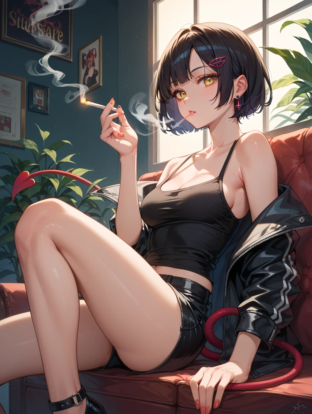 ((Highest quality)), ((masterpiece)), (detailed), a nice girl in lingerie sitting near a window with a glass of alcohol, 1girl, breasts, 独奏, expressionless, holding cigarette, panties, cigarette, underwear, red eyes, black panties, navel, jewelry, open clothes, looking at viewer, sitting, bangs, necklace, jacket, black jacket, short hair, black hair, streaked hair, ring, black footwear, parted bangs, open jacket, medium breasts, sweat, hotel room, evening