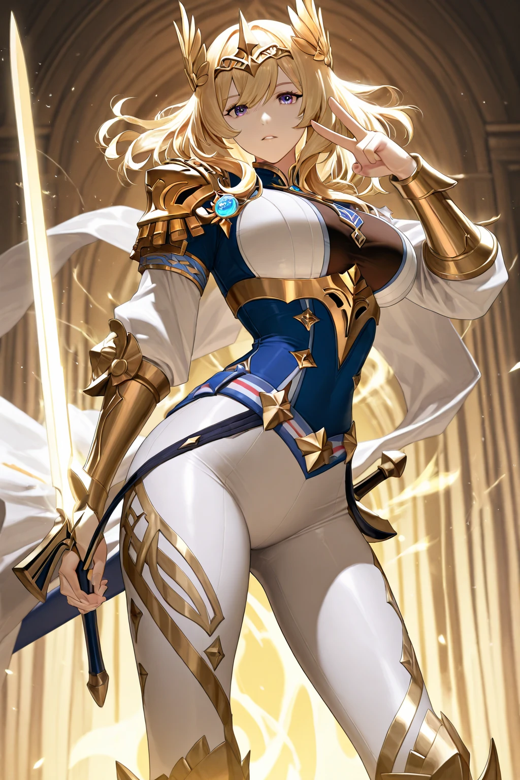 High quality, Ultra detailed, best quality, insanely detailed, beautiful, masterpiece blonde、Nuns、(Great gold gauntlet、Gold boots)、(Blue turtleneck dress、Blue tight mini skirt、White knee-high socks、Gold Garter Belt、Gold string panties )、(Huge breasts、Sideboob、Wide Hips、Thick thighs、Plump、curve、glamorous)、NSFW、Holding a giant gold cross mace