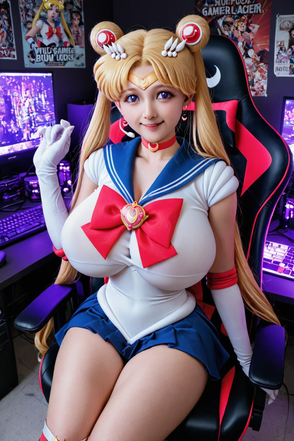 Sailor Moon is enveloped in magic and energy as she calls upon the Armor of Love which is scandalously skimpy(sill SFW). upon seeing this she is comically embarrassed