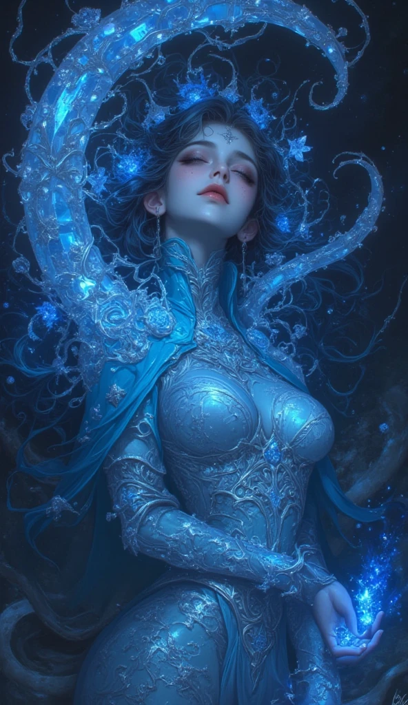 (masterpiece:1.2), (best quality), (detailed), (intricate), (8k), (HDR), (wallpaper), (cinematic lighting), (sharp focus), Aphrodite in wrath, water wrapped around body, perfect body, perfect face, perfect hands, hold an blue flames astral orb, floating on water, blue flames eyes, wavy long hair, no dress, body exposed, disclose, ethereal white dragon, ethereal water, ethereal, massive smoke, blue-green smoke, feet on clouds, UHD, ultra detailed, hyper realistic, surrealism, epic realism freeze iced, no chest dress, glowing skin, perfect face, perfect body, glitter night