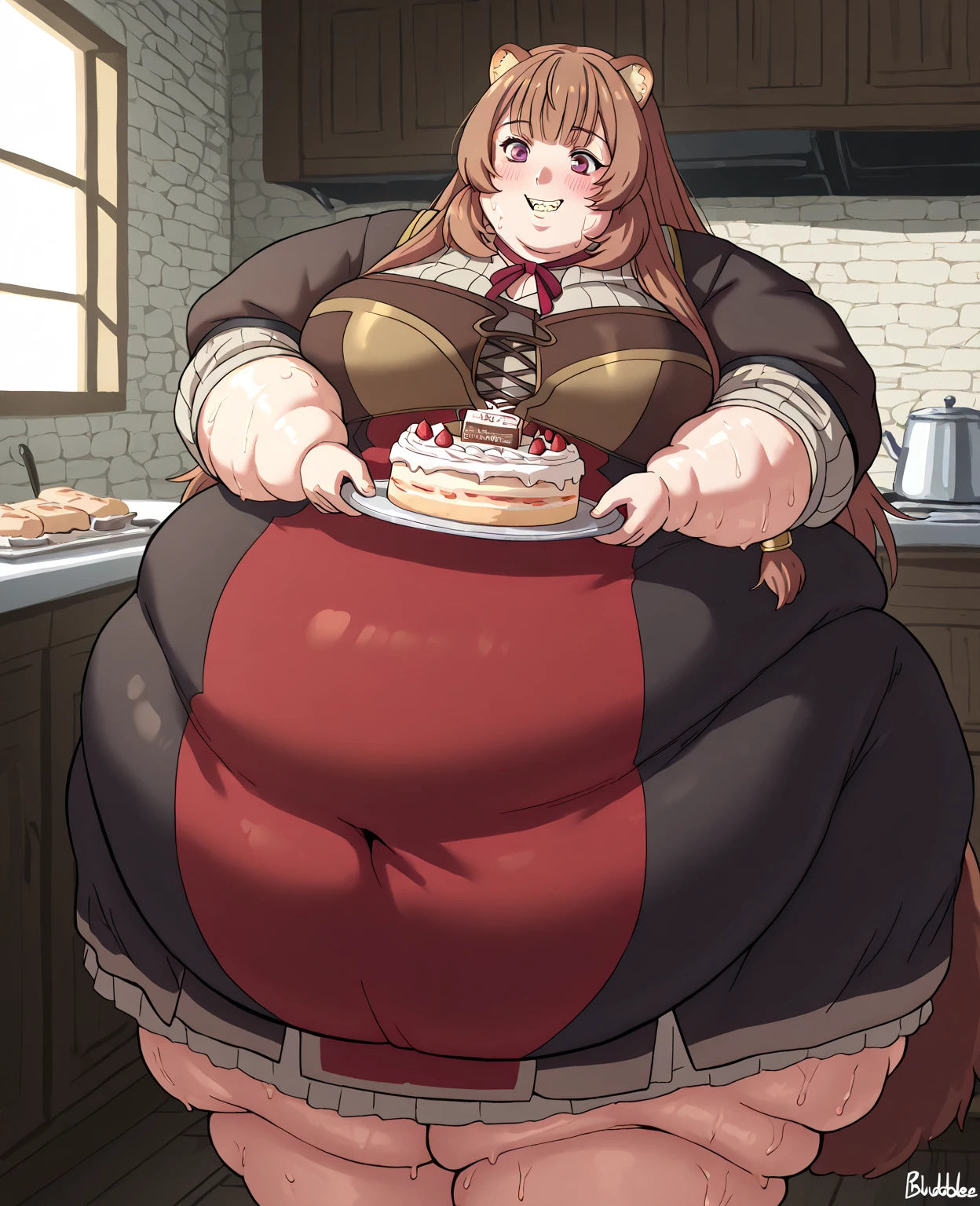 Masterpiece, high quality, best quality, beautiful, HD, perfect lighting, detailed face, detailed body, ((1girl)), ((solo)), small breasts, cleavage, long hair, colored skin, horns, pointy ears, tiefling, light pink hair, green eyes, shily smiling, blushing, tavern dress, green tavern dress, she's in a tavern, a bit dark, candles glowing, stuffed_belly, tight dress, her dress is tight on her waist, very petite chest, small boobs, green clothing, she's eating cake, her face is covered by cake, there is a bit of cake on her cleavage, ((double_chin)), fat