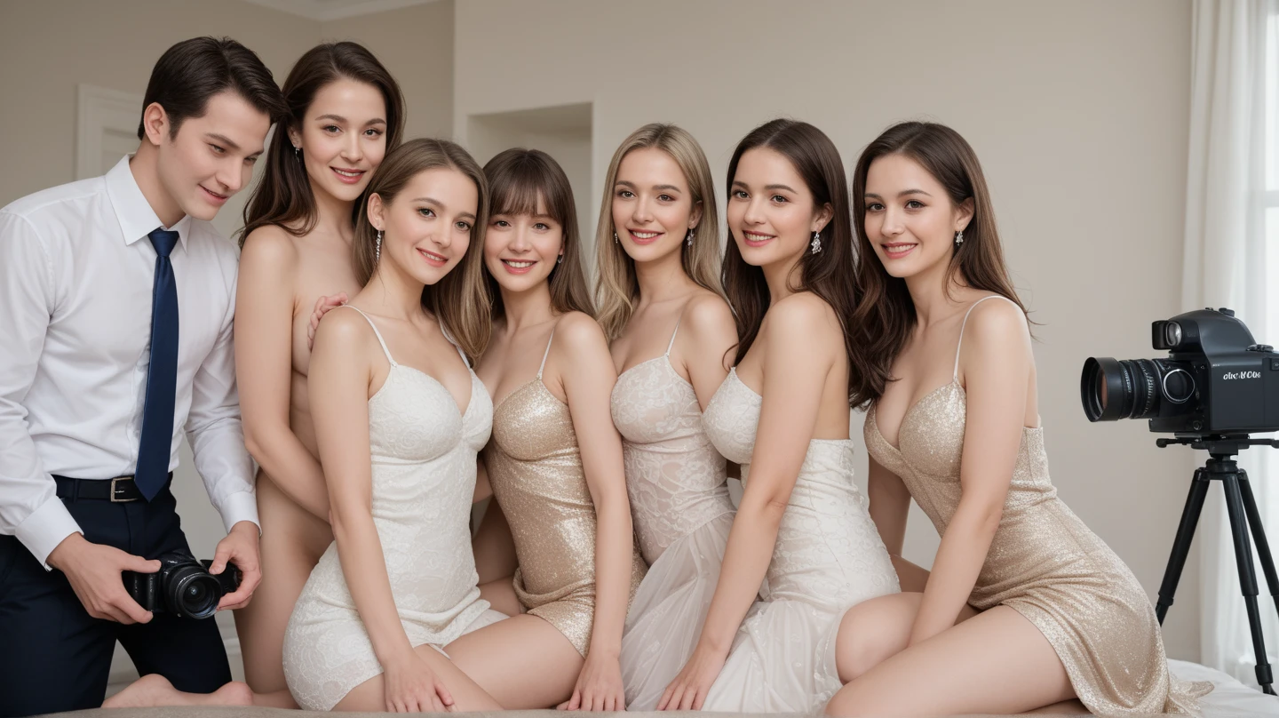 stunning identical sextuplets standing close together, in a room, 25 years old, full body, identical bodies, pale skin, athletic body, identical height, wearing pink bikinis, same faces, same hairstyle, long wavy hair, same colour hair, light brown hair, five fingers on each hand, smiling, color, realistic, sharp focus on eyes, sharp focus on nose, 8 k, high definition, insanely detailed, elegant, ultra realistic, photorealism,