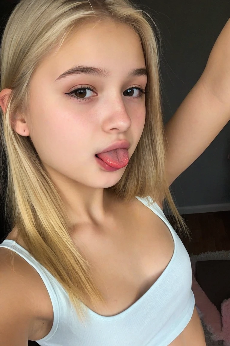 Cute innocent white 12 year old, sweating, blonde hair, blue eyes, round breasts, fully nude, sitting in the back seat of a car, (blushing), red face, hot, taking a selfie, ultra quality, detailed, masterpiece, 4k, great details, drooling, saliva, ahegao, visible thong straps,