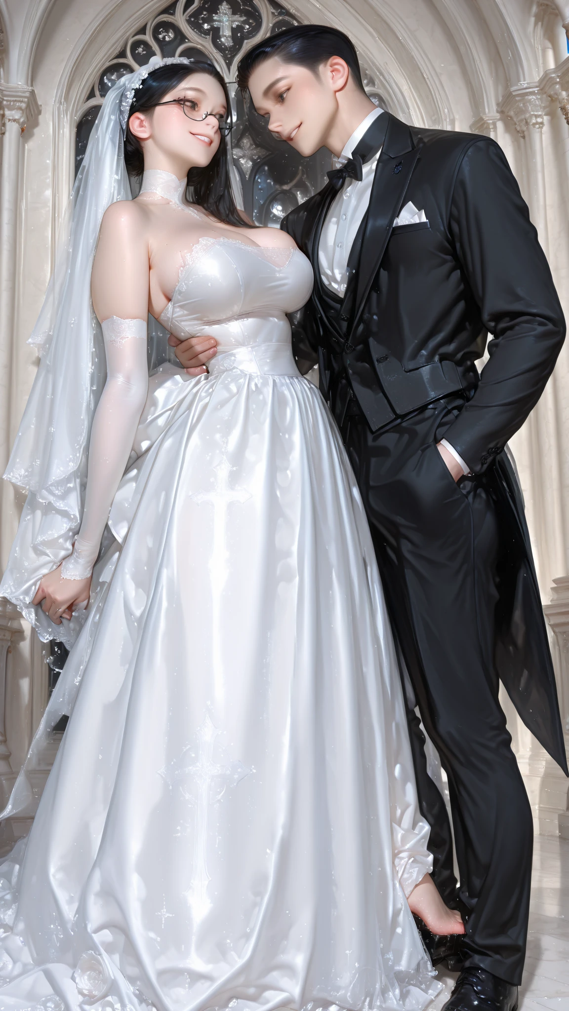 (Full body photo/standing/foot on the ground), (((Laura/Woman and Roberto/Man))). Laura (almost naked/black/part white/maid's clothing/maid's headdress/extremely tight on body/transparent/extremely exhibitionist/wet body). Roberto is 90 years old/and old/strong/muscular/has white hair/beard compete//costume/black/suit/tie/long pants and is holding Laura from behind. Laura and Roberto are inside a black marble hotel room. Laura has (short purple hair, blue eyes), with ((red cheeks/smiling/earrings on the ears/diamond necklace on the neck)). Anime, Anime Style, 16k, best quality, high details, UHD, masterpiece