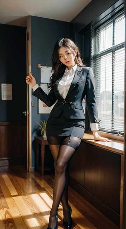 Best image quality、Ultra-high resolution、One Girl、Beautiful expression、(Black business suit,Tight Skirt,Black tights),office,smile
