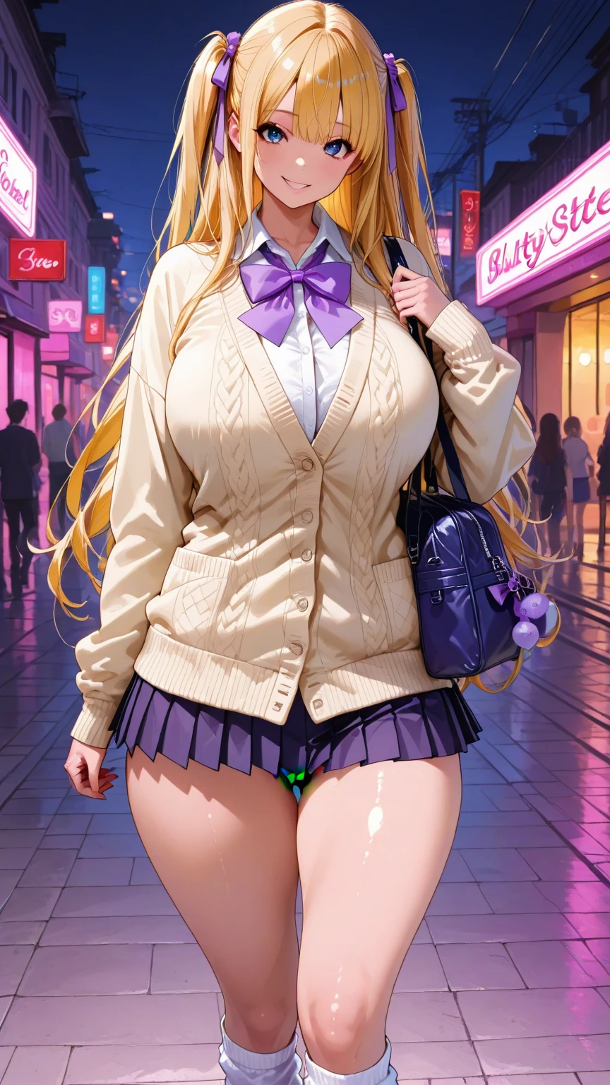 1 girl, Whole body image、 Gal、Brown eyes, Glowing Skin、Long blonde hair,, ((convenience storeの制服を着用:1.4))、Large Breasts, , High resolution, Ultra Sharp, 8k, masterpiece、convenience store、sweating、Embarrassed expression、Navy blue pleated skirt、Pink panties、Vibrator in panties、Panty shot、Angle from directly below