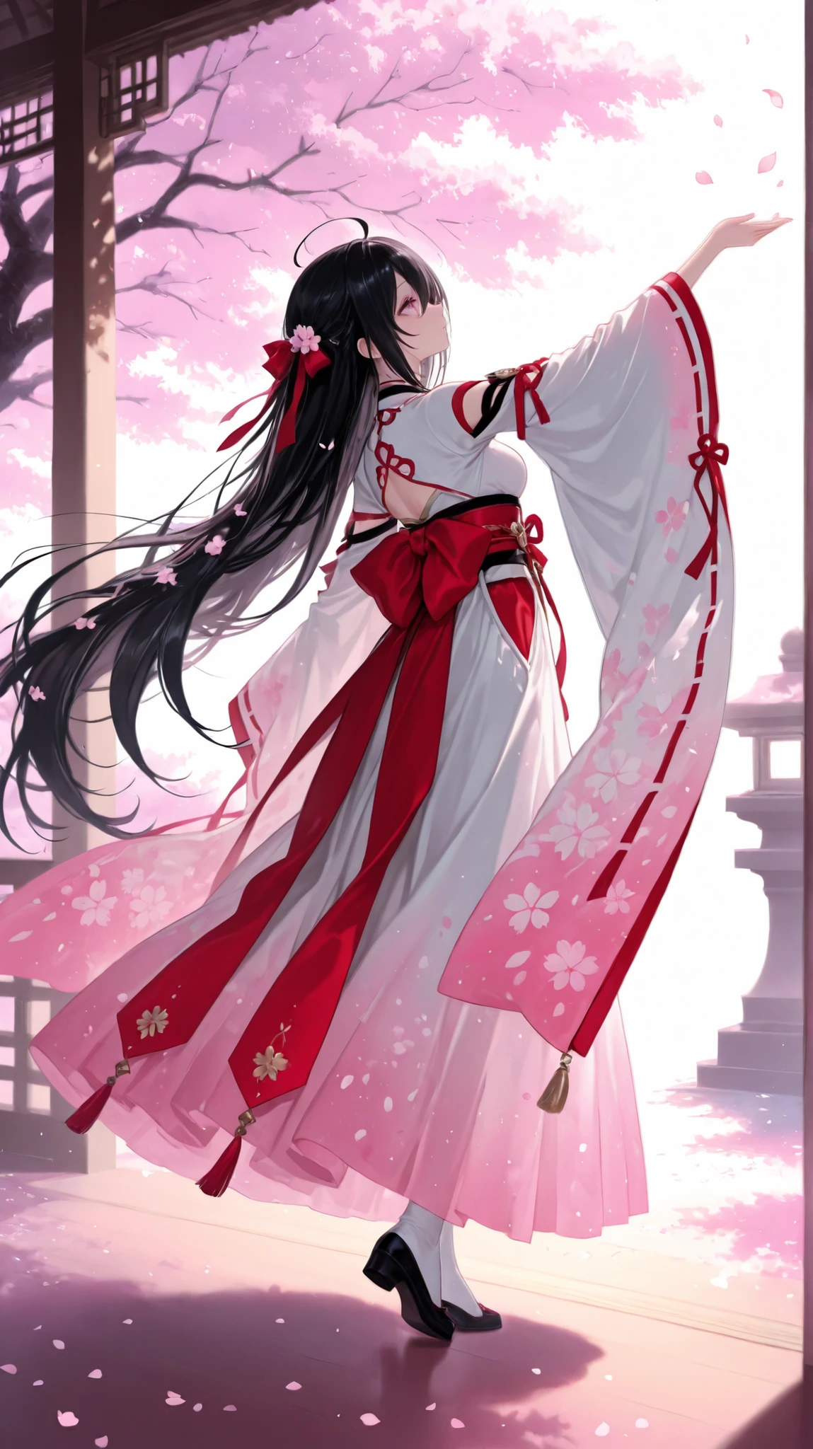 1 girl、black hair and very long super long hair、The girl sings with an ephemeral expression、Beautiful clothes are Japanese kimonos、Cherry Blossom Petals Dancing、under the cherry tree