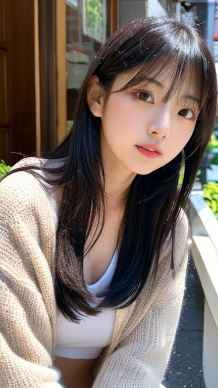 {{Beautiful and detailed eyes},
Detailed face, detailed eyes, thin face, real hands, cute Korean girlfriend 18 year old girl, perfect model body, big breasts, looking at camera, dynamic pose, virginity killing sweater, urban, oily hair