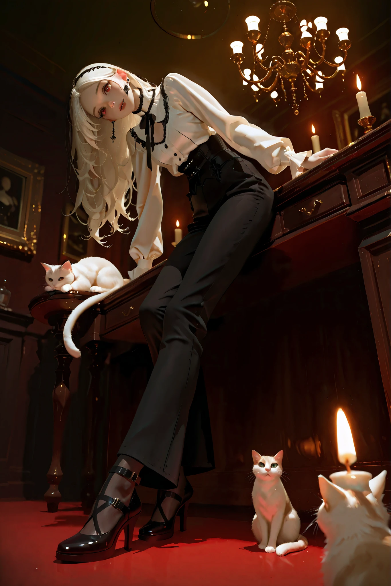 ((low angle)) A stunning, elegant vampire woman seen through a fisheye lens perspective. She stands in a dimly lit, gothic-style salon, leaning slightly forward toward the viewer with piercing eye contact. Her long, wavy white hair frames her pale, ethereal face. She wears a white gothic blouse with a deep V-neckline and tight black gothic trousers, small breast, accessorized with ornate jewelry and high-heeled shoes. Her lips are slightly parted, revealing elegant, sharp vampire fangs as she smiles seductively.
In one hand, she gently holds a soft white cat, which rests calmly in her arms, adding contrast and mystique.
The fisheye lens composition creates a slight curvature and dramatic perspective, emphasizing her facial expression, posture, and the cat. Warm candlelight reflects from an antique chandelier above a dark table in the background. The atmosphere is richly textured, mysterious, and cinematic — gothic elegance meets supernatural allure.