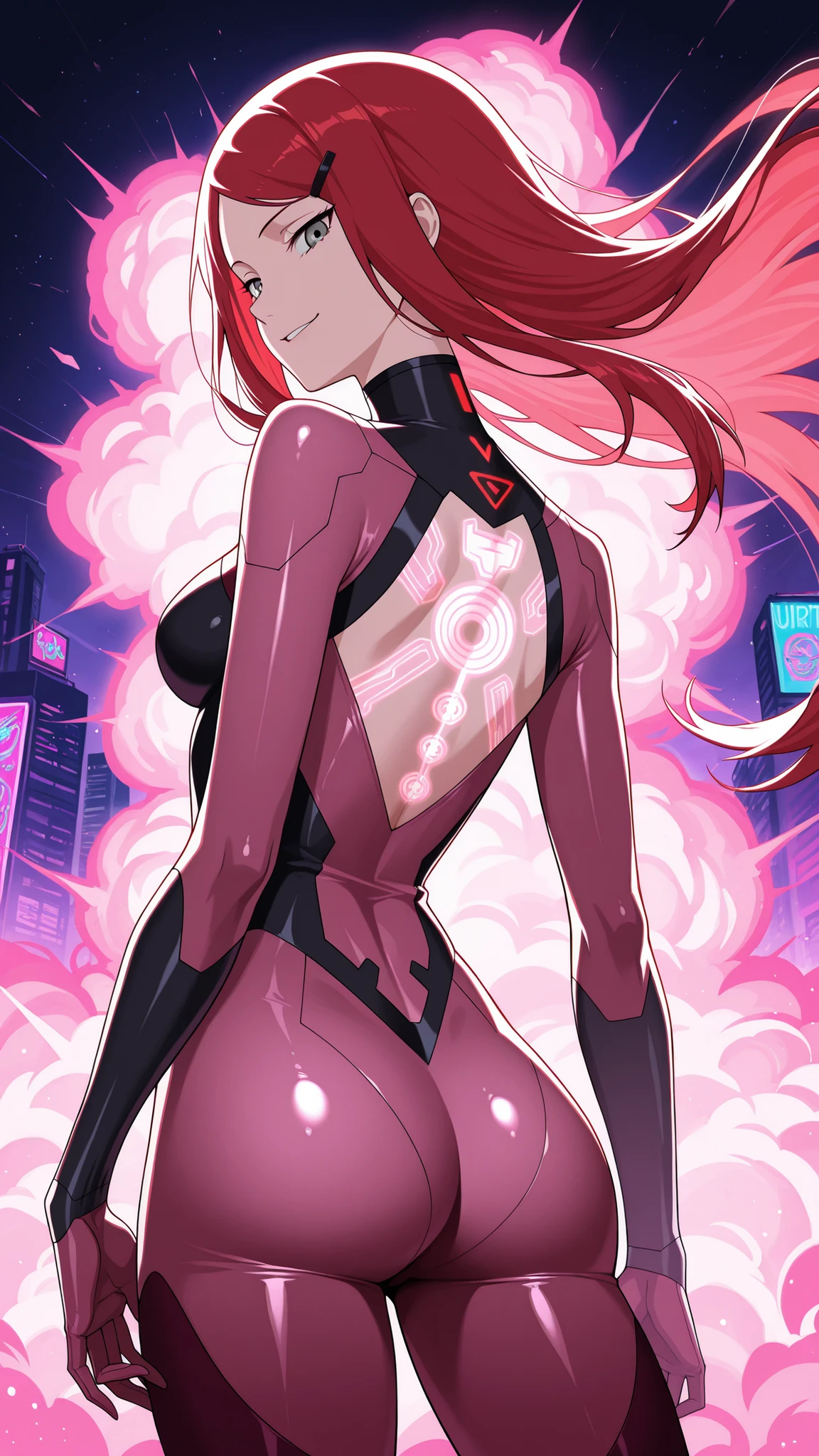 ,BREAK (masterpiece:1.2), best quality, high resolution, unity 8k wallpaper, (illustration:0.8), ultra-detailed cyberpunk city, massive neon explosion in the sky, glass skyscrapers glowing in toxic pinks, greens, purples, neon signs everywhere, streets reflecting the chaos of color, oversaturated hues, vibrant reflections, cinematic lighting, surreal color burst, intense atmosphere, 8k, masterpiece, synthwave tones, nightscape,  kushina, long hair, hair ornament, red hair, hairclip, grey eyes, swept bangs, medium breasts, tight glossy pink bodysuit with deep neckline and neon trims, translucent fabric accents flowing from her waist, glowing medical symbol on her back, confident smirk,looking at viewer,cowboy shot,wide-angel,floating hair,from behind,back photo,