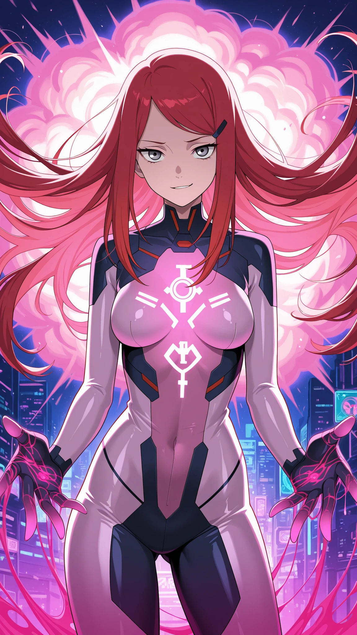 ,BREAK (masterpiece:1.2), best quality, high resolution, unity 8k wallpaper, (illustration:0.8), ultra-detailed cyberpunk city, massive neon explosion in the sky, glass skyscrapers glowing in toxic pinks, greens, purples, neon signs everywhere, streets reflecting the chaos of color, oversaturated hues, vibrant reflections, cinematic lighting, surreal color burst, intense atmosphere, 8k, masterpiece, synthwave tones, nightscape,  kushina, long hair, hair ornament, red hair, hairclip, grey eyes, swept bangs, medium breasts, tight glossy pink bodysuit with deep neckline and neon trims, translucent fabric accents flowing from her waist, glowing medical symbol on her back, confident smirk,looking at viewer,cowboy shot,wide-angel,floating hair,sexy pose,