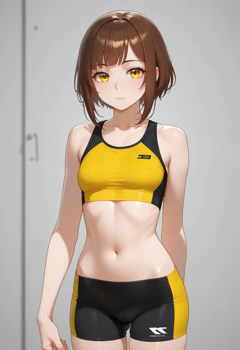 16K、masterpiece、High resolution、((18-year-old female))、Very large breasts、(((thin, A gold sports bra that fits perfectly against the skin))、((金くthinスポーツレギンス))、Seductive look、((Put your hands on your hips))、Very close、Angle from below