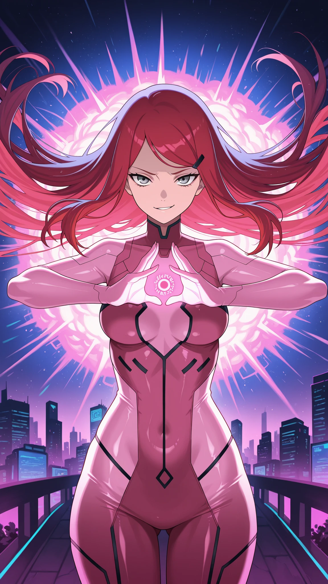 ,BREAK (masterpiece:1.2), best quality, high resolution, unity 8k wallpaper, (illustration:0.8), ultra-detailed cyberpunk city, massive neon explosion in the sky, glass skyscrapers glowing in toxic pinks, greens, purples, neon signs everywhere, streets reflecting the chaos of color, oversaturated hues, vibrant reflections, cinematic lighting, surreal color burst, intense atmosphere, 8k, masterpiece, synthwave tones, nightscape, kushina, long hair, hair ornament, red hair, hairclip, grey eyes, swept bangs, medium breasts, tight glossy pink bodysuit with deep neckline and neon trims, translucent fabric accents flowing from her waist, glowing medical symbol on her back, confident smirk,looking at viewer,cowboy shot,wide-angel,floating hair,sexy pose,