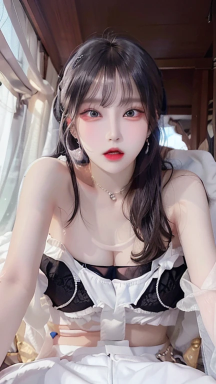 Top image quality、Raw photography、A high resolution、20-year-old cool Korean、big round chest、sexy white lace underwear、Beautiful Eyes of Details、very elongated eyes、Beautiful eyelashes、Beautiful double eyelids、eyeshadows、long legs,medium thighs, beautiful eyes finely detailed、elongated eyes、long eyeslashes、Beautiful double eyelids、eyeshadows、earrings、shiny skin、 1 girl, solo, sexy pose,