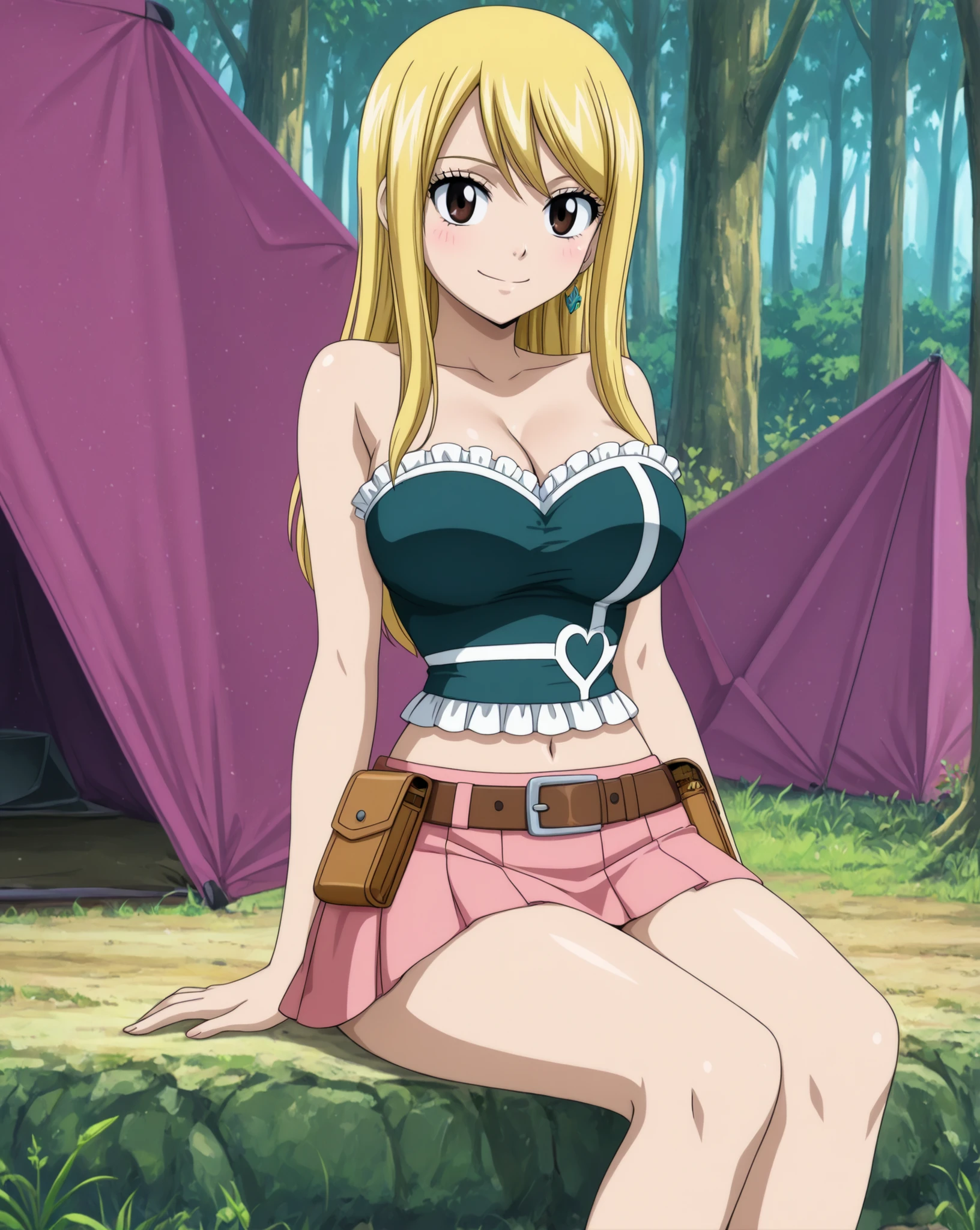 (happy, happy expression, seductive expression,
sitting, lascivious pose, seductive pose, S pose,)
Lucy Heartfilia \Fairy Tail\,
lcyhrtf, brown eyes, blonde hair, sidelocks, long hair, earrings, green crop top, midriff, frilled shirt, strapless shirt, brown belt, belt pouch, pink skirt, pleated skirt, miniskirt,
forest, camping,
1girl, solo,
colorful, perfect face, flatshading, highres, absurdres, masterpiece, best quality, amazing quality, (large eyes, big eyes, mature anime female, large hips, round breasts, medium breasts, slim body, narrow waist, thin body, source_anime, anime waifu, mature female, milf, motherly, aged up, adult, anime screenshot,)