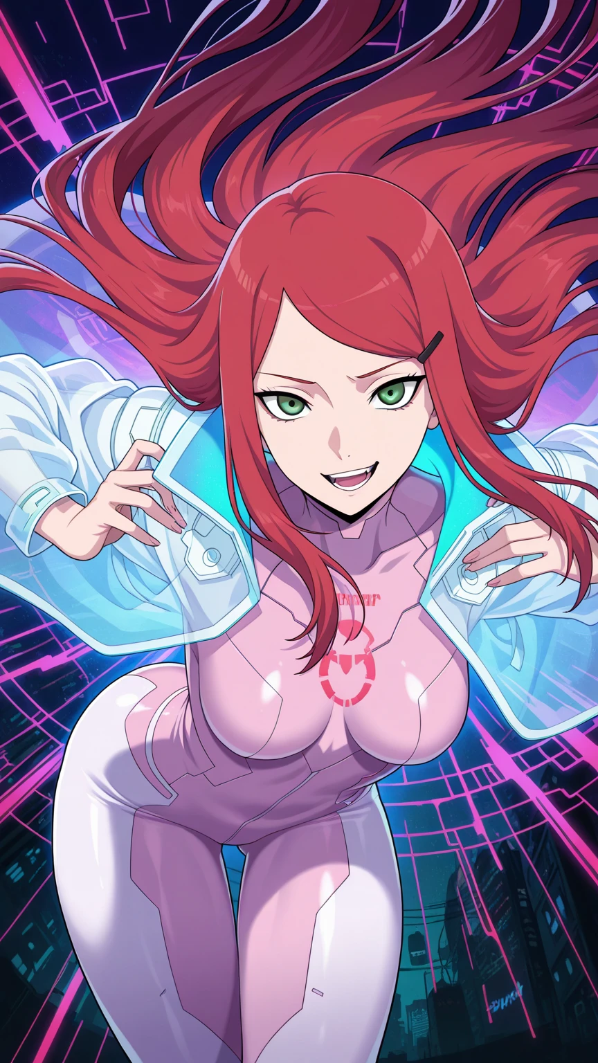 top-quality、Top image quality、​masterpiece、girl with((18year old、Best Bust、big bast,Beautiful blue eyes、Breasts wide open, long black and red hair、A slender,Large valleys、,Black bodysuit、blue lightning face paint、Grinning face、piece sign、floating state、blue cloak)),hiquality、Beautiful Art、Background with((cosmic space、Weightlessness、floating state)))、,masutepiece、visualart、depth of fields、