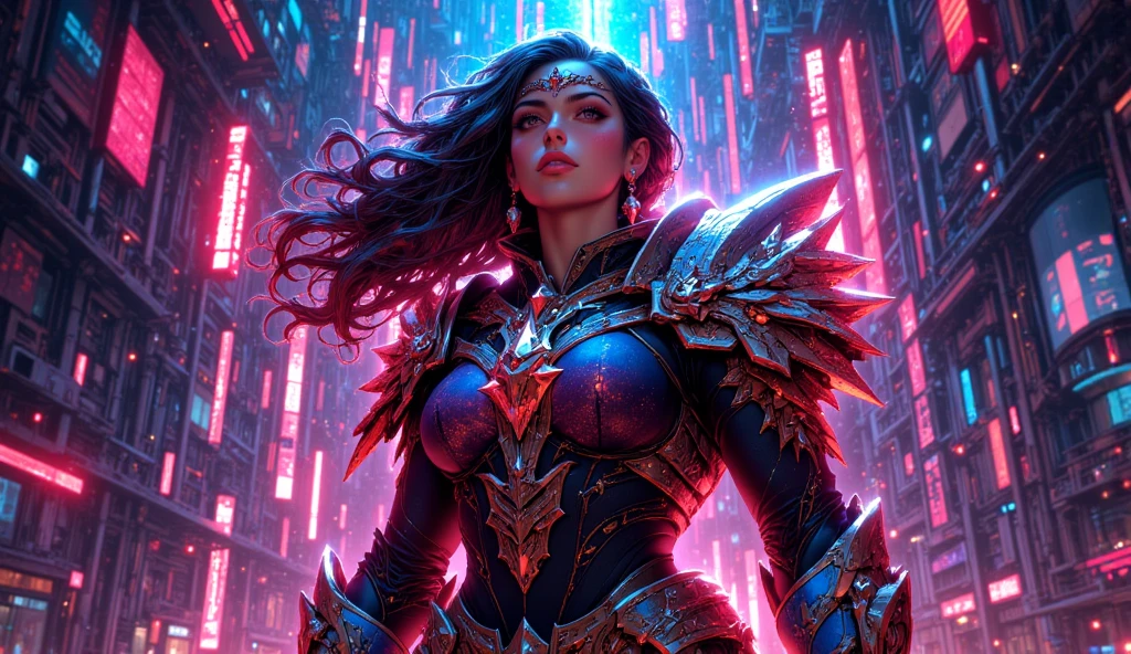 Beautiful face, sexy, sharp features, 8k, high definition, purple armour, golden tan skin, purple hair, glowing purple eyes, flawless face, queen
