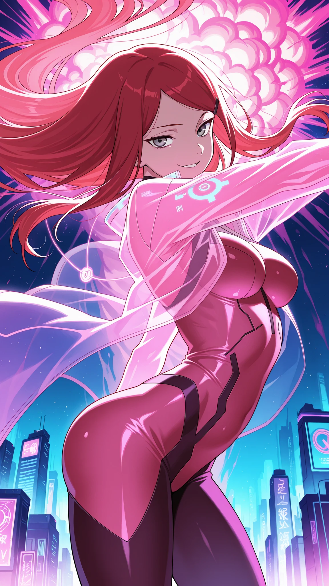 ,BREAK (masterpiece:1.2), best quality, high resolution, unity 8k wallpaper, (illustration:0.8), ultra-detailed cyberpunk city, massive neon explosion in the sky, glass skyscrapers glowing in toxic pinks, greens, purples, neon signs everywhere, streets reflecting the chaos of color, oversaturated hues, vibrant reflections, cinematic lighting, surreal color burst, intense atmosphere, 8k, masterpiece, synthwave tones, nightscape, kushina, long hair, hair ornament, red hair, hairclip, grey eyes, swept bangs, medium breasts, tight glossy pink bodysuit with deep neckline and neon trims, translucent fabric accents flowing from her waist, glowing medical symbol on her back, confident smirk,looking at viewer,cowboy shot,wide-angel,floating hair,sexy pose,transparent coat,arched back,