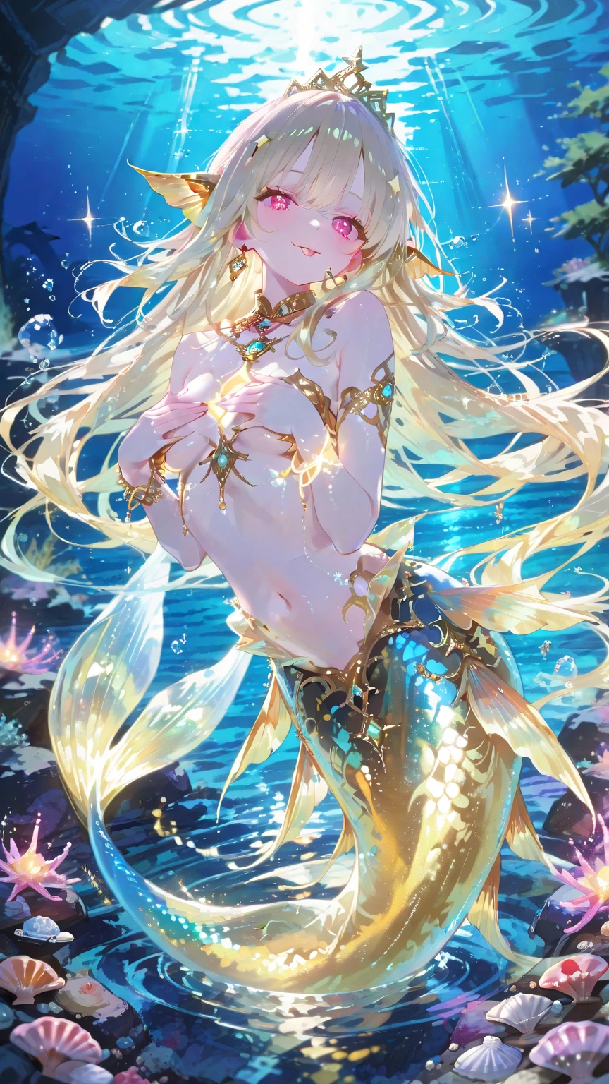 Ridiculous, high resolution, super detailed), 1 girl, solo, mature, (long blonde), fanatical, long sleeves, elegant, holy, colorful, highest detail, underwater, floating hair, flower, back, upper body purple human tail mermaid