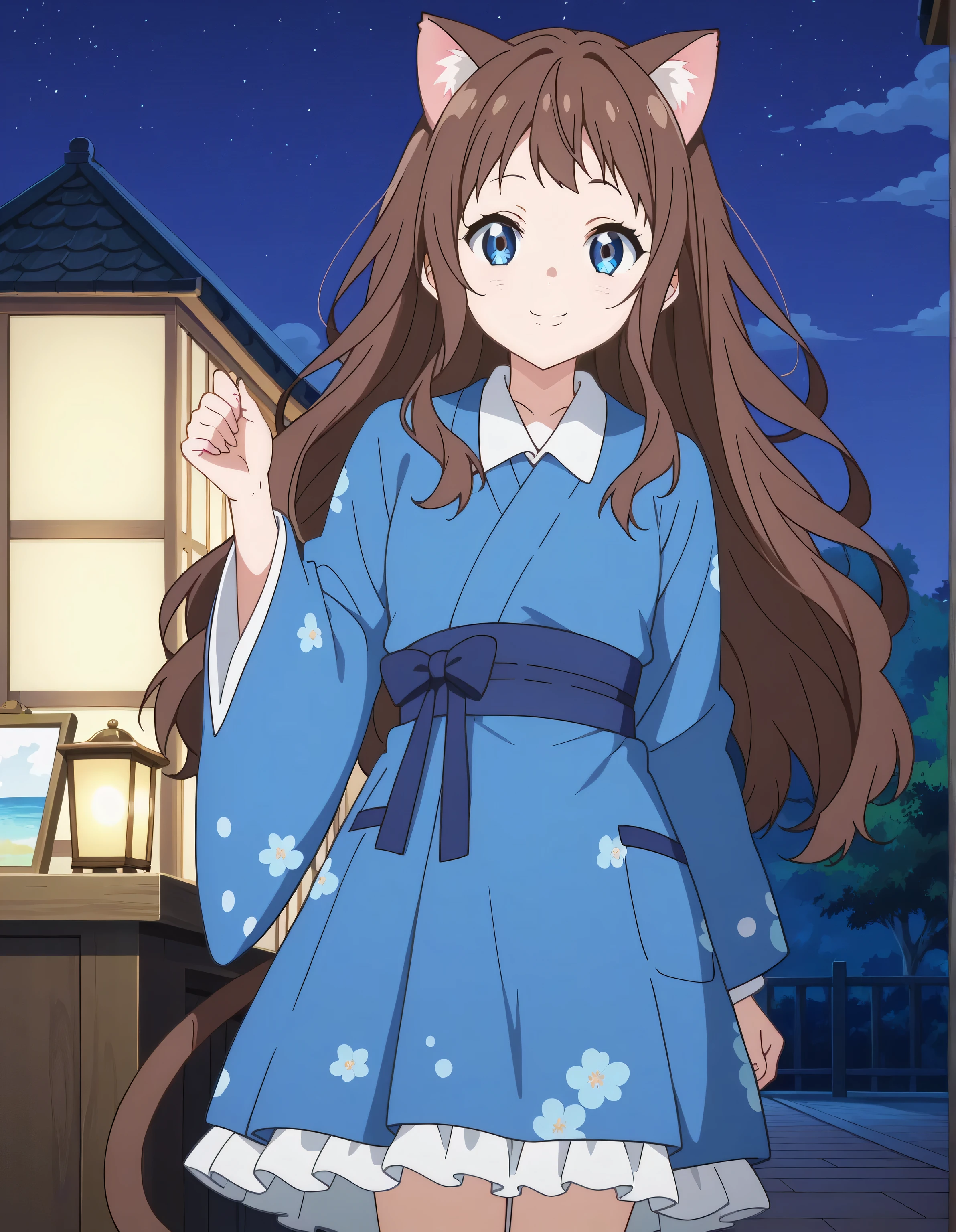 score_9, score_8_up, score_7_up, source_anime,absurdres, highres, masterpiece, best quality, amazing quality, official anime artwork, screencap, anime screencap, outdoors, looking at viewer, light smile,mochi stand,inside stand, night,kneed on counter,ai shindou,1girl, solo, brown hair, long hair, blue sea eyes,cat ears,both cat tails, collared kimono, blue kimono, wide sleeves, blue skirt, frilled skirt, dynamic pose,