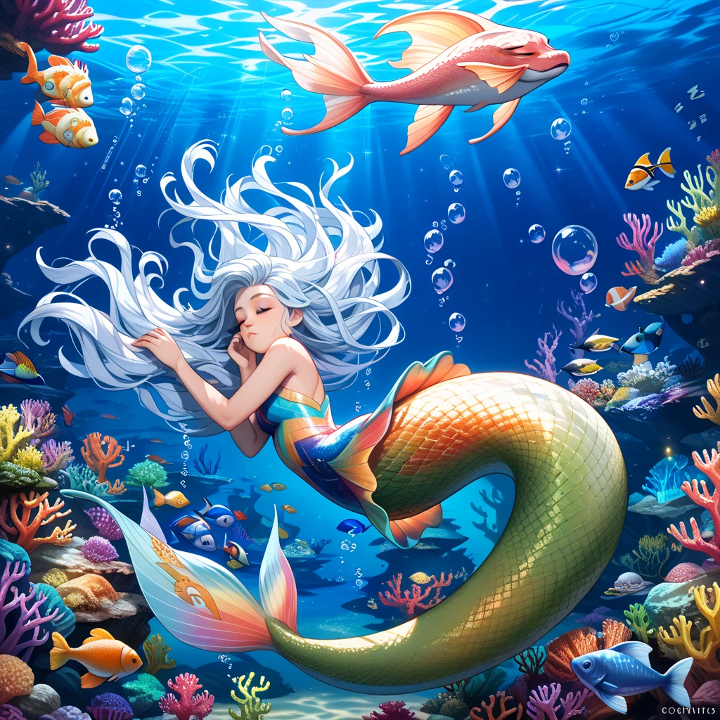 (masterpiece), the highest quality, extreme fine, crystal transparent, fluttering with the waves, dynamic angle, dynamic posture, a purple-haired mermaid, beautiful face, aristocratic temperament, holding a white crystal scepter and multicolored jewelry, underwater world, a blue sea and blue sky, coral communities, shell dotted, kelp swaying, fish shuttling, real ocean depth of field, full of layering.