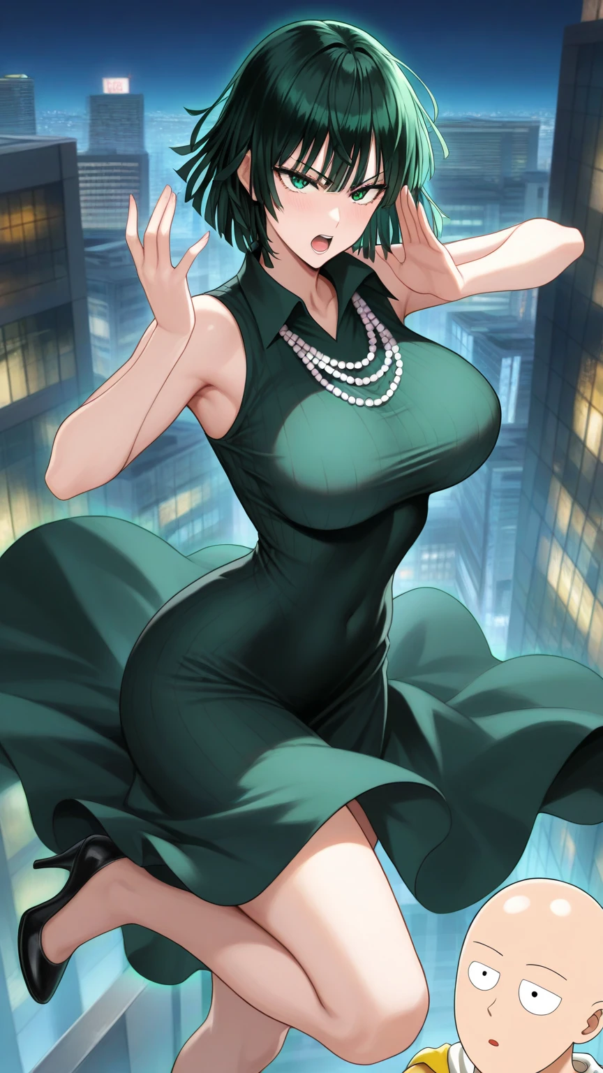 masterpiece, erotic , nsfw, 18+, mommy, best quality, highres, aarurutie,1girl, off shoulder yukata, necklace, cleavage, standing, smile, open mouth, short dark green hair, curly hair, green eyes,off shoulder, dynamic pose, night time, summer festival background, sweaty, holding a fan