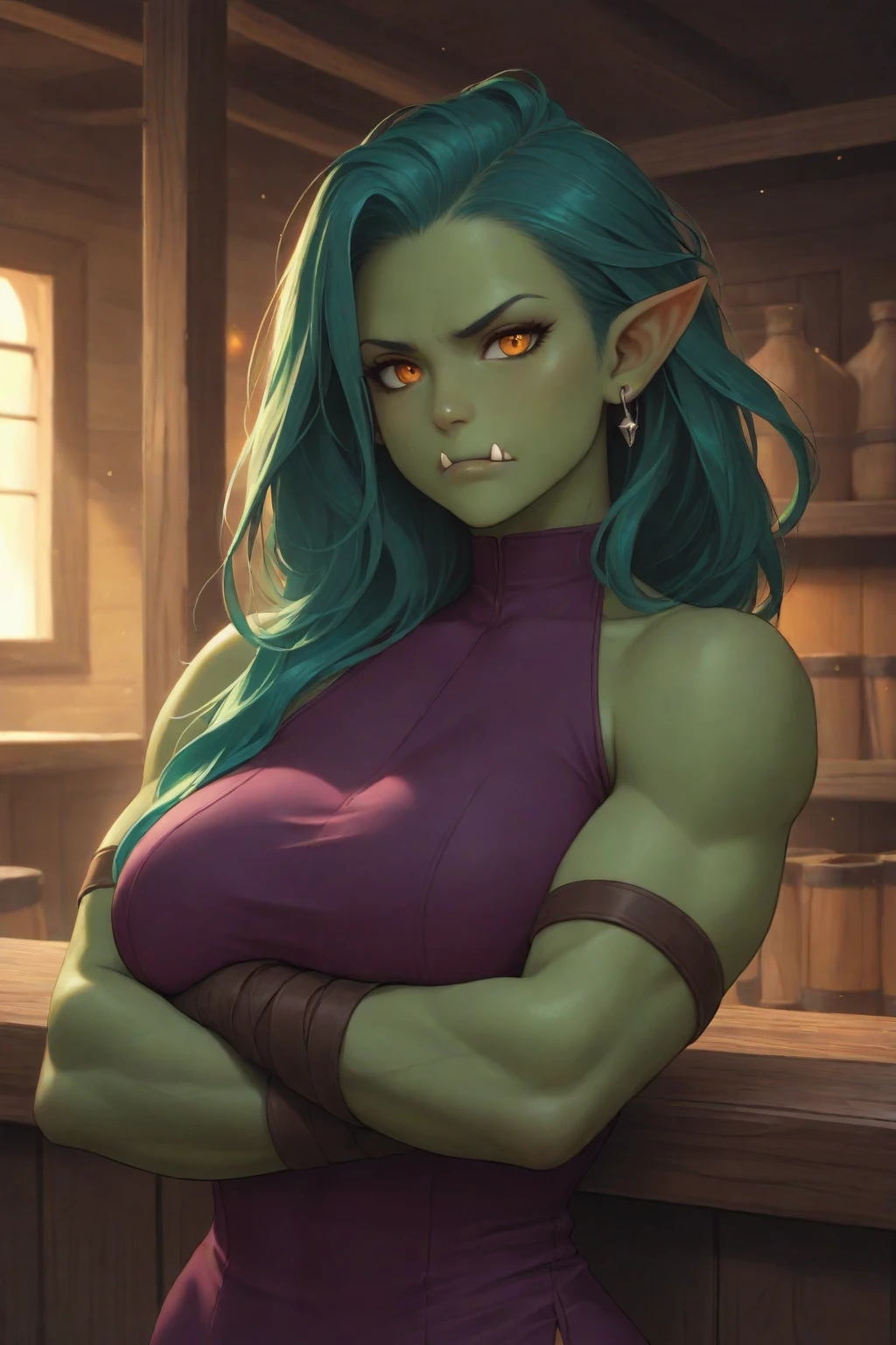 16k, HD, Professional, Highly Detailed, ((Masterpiece: 0.3)), (((High Quality))), Ultra-detailed face, Highly Detailed Lips, Detailed Eyeull body), 1 teifling, female, purple skin, curved horns, muscles, leather shirt with no sleeves, long dark green hair, glowing yellow eyes