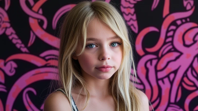 HALO NO LASER VERMELHO, close-up CHILDREN BLONDE GIRL WITH VERY LONG HAIR, em um fundo escuro, studio photo session, Vestido prateado.