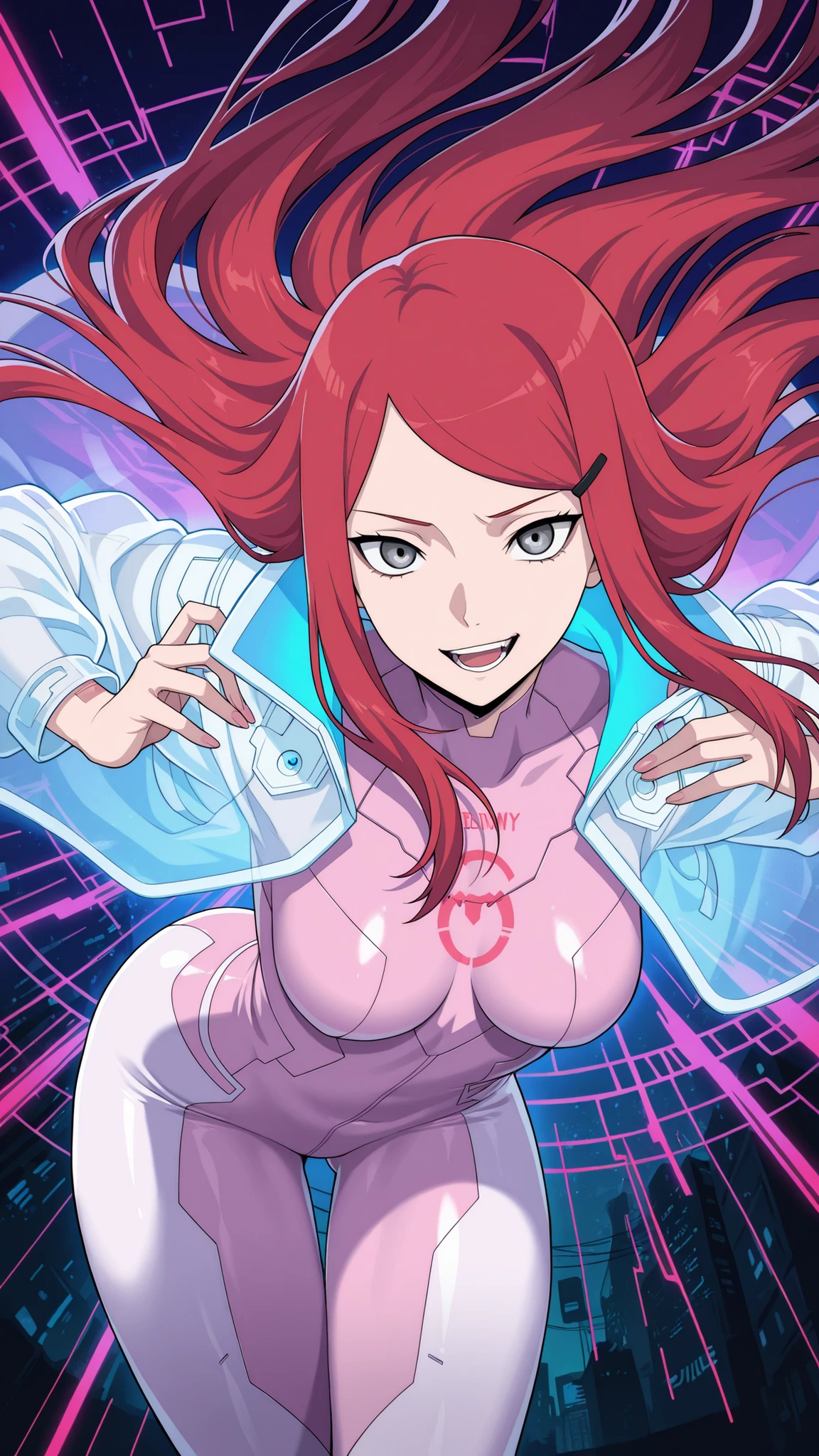 ,BREAK (masterpiece:1.2), best quality, high resolution, unity 8k wallpaper, (illustration:0.8), ultra-detailed cyberpunk city, massive neon explosion in the sky, glass skyscrapers glowing in toxic pinks, greens, purples, neon signs everywhere, streets reflecting the chaos of color, oversaturated hues, vibrant reflections, cinematic lighting, surreal color burst, intense atmosphere, 8k, masterpiece, synthwave tones, nightscape, kushina, long hair, hair ornament, red hair, hairclip, grey eyes, swept bangs, medium breasts, tight glossy pink bodysuit with deep neckline and neon trims, translucent fabric accents flowing from her waist, glowing medical symbol on her back, confident smirk,looking at viewer,cowboy shot,wide-angel,floating hair,sexy pose,transparent coat,bent over to camera,smile,open mouth