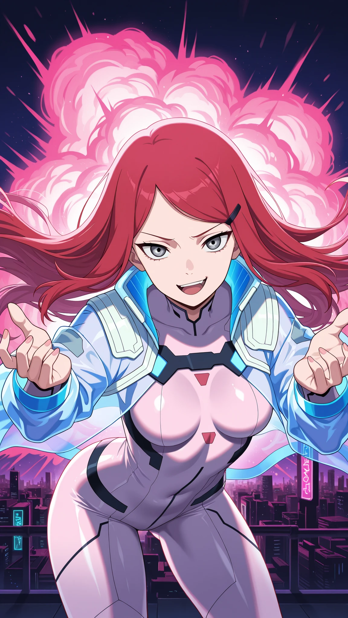 ,BREAK (masterpiece:1.2), best quality, high resolution, unity 8k wallpaper, (illustration:0.8), ultra-detailed cyberpunk city, massive neon explosion in the sky, glass skyscrapers glowing in toxic pinks, greens, purples, neon signs everywhere, streets reflecting the chaos of color, oversaturated hues, vibrant reflections, cinematic lighting, surreal color burst, intense atmosphere, 8k, masterpiece, synthwave tones, nightscape,  kushina, long hair, hair ornament, red hair, hairclip, grey eyes, swept bangs, medium breasts, tight glossy pink bodysuit with deep neckline and neon trims, translucent fabric accents flowing from her waist, glowing medical symbol on her back, confident smirk,looking at viewer,cowboy shot,wide-angel,floating hair,sexy pose,transparent coat,bent over to camera,smile,open mouth