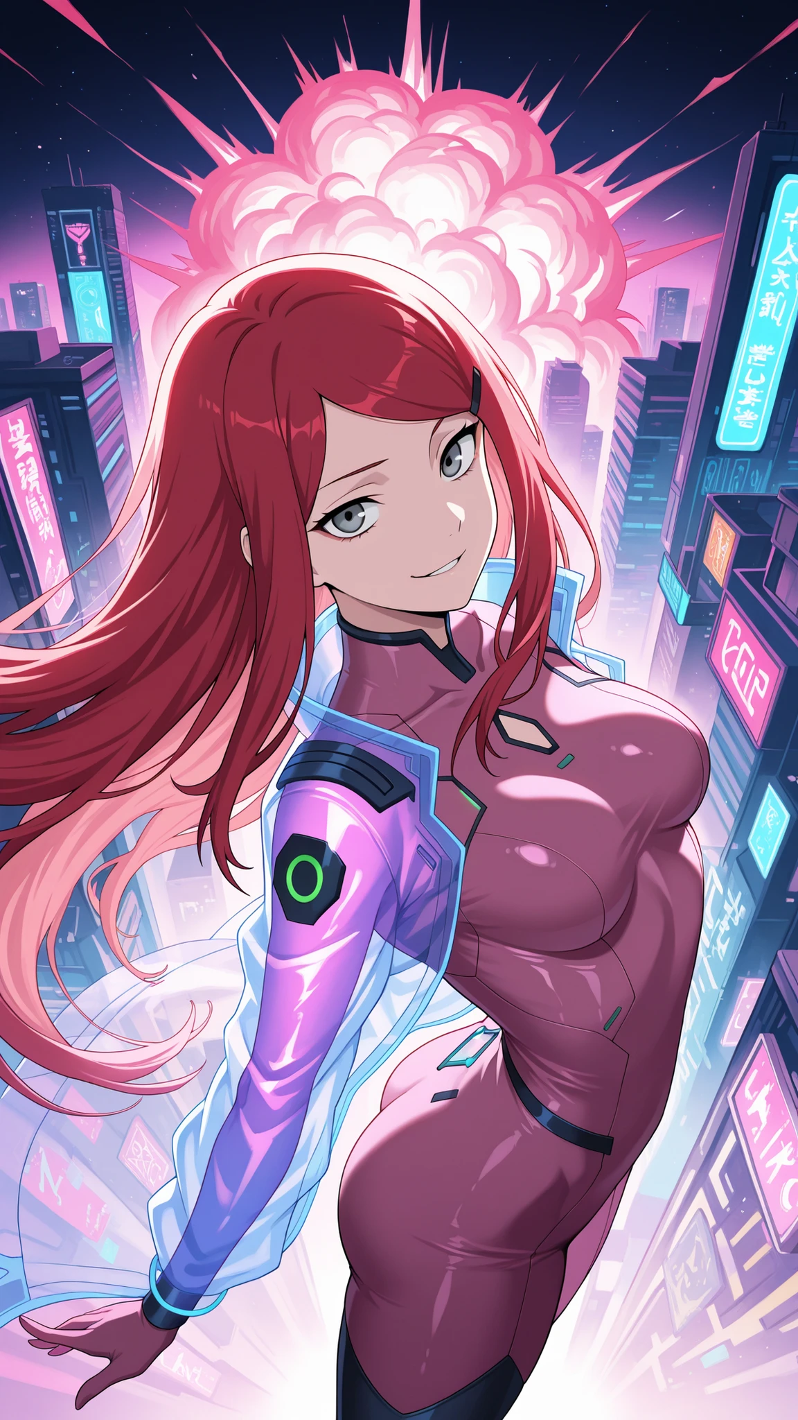 ,BREAK (masterpiece:1.2), best quality, high resolution, unity 8k wallpaper, (illustration:0.8), ultra-detailed cyberpunk city, massive neon explosion in the sky, glass skyscrapers glowing in toxic pinks, greens, purples, neon signs everywhere, streets reflecting the chaos of color, oversaturated hues, vibrant reflections, cinematic lighting, surreal color burst, intense atmosphere, 8k, masterpiece, synthwave tones, nightscape, kushina, long hair, hair ornament, red hair, hairclip, grey eyes, swept bangs, medium breasts, tight glossy pink bodysuit with deep neckline and neon trims, translucent fabric accents flowing from her waist, glowing medical symbol on her back, confident smirk,looking at viewer,cowboy shot,wide-angel,floating hair,sexy pose,transparent coat,arched back,from above,