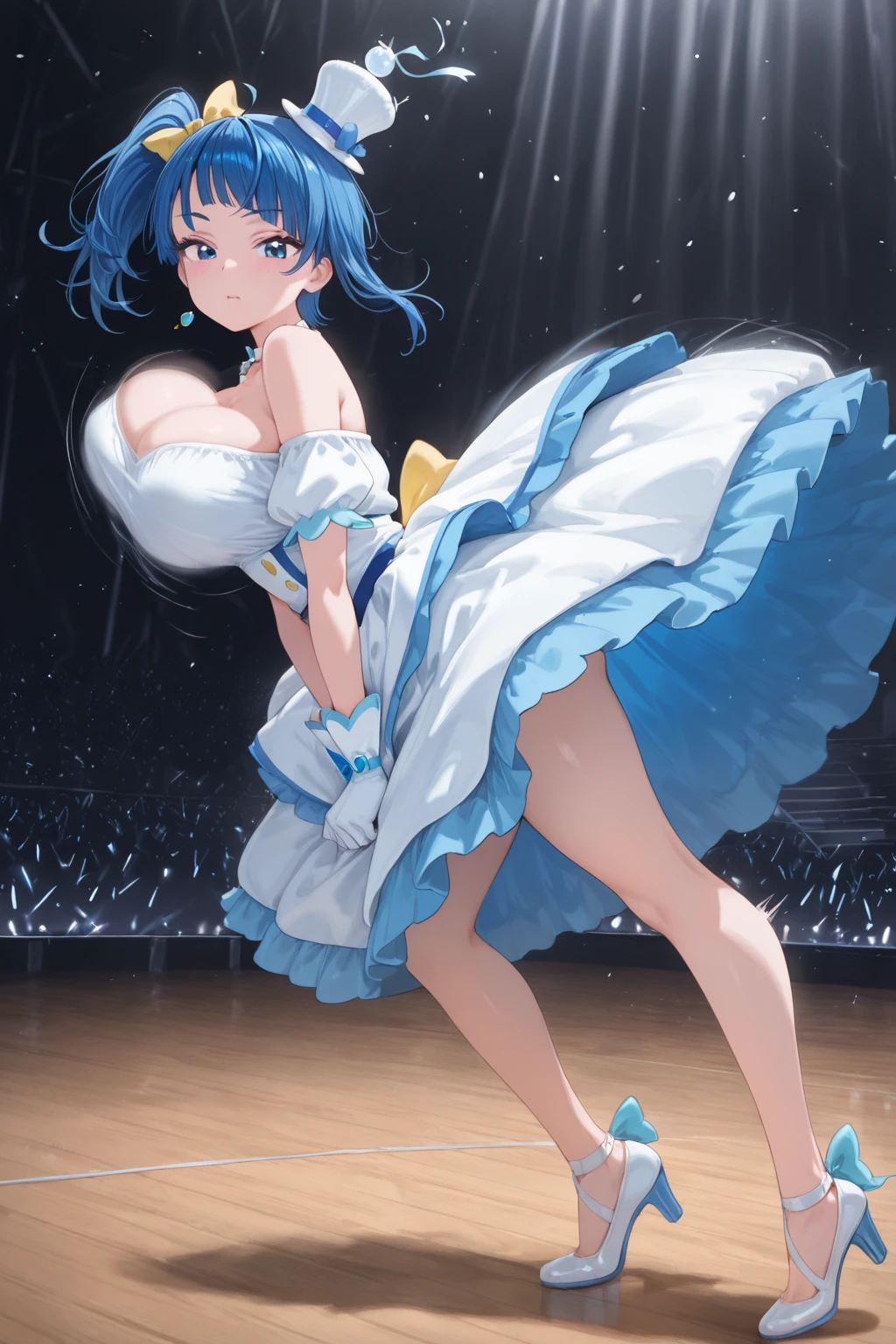 Illustration, cinematic light, high resolution, best quality, super detailed, detailed face, (detailed eyes), highest quality, super detail, masterpiece, (detailed face), pretty face, best smile, sexy mature woman transparent (cute t-shirt) cloth, floating cloth, see-through, choker, open cloth, D cup, cleavage: 2, NSFW, high heels, blue eyes, neon small shiny hair edges, Ruffled miniskirt, AI fantasy concert, glowing lighting with neon details, black magic 💕, (live stage: 1.15) in the background audience seats, buttocks sticking out and singing, light reflections, heart-shaped iris, playful eyes, open shoulders, rain, (wet body), small glowing butterflies, hair jewelry, panties, (cute embroidered white string panties)