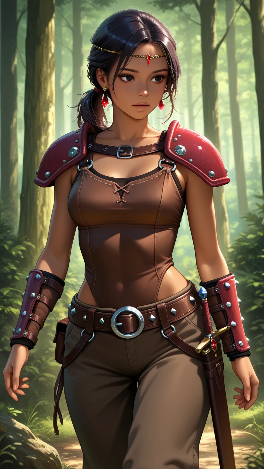 photo of mlp Meowko, RAW, beautiful woman, ((portrait)), ((detailed face:1.2)), ((anime, face, anime facial feature, clear skin, glossy lips, shiny luscious lips, clear skin), (short lesbian haircut, brunette: 1.55), (perfect proportioned body, Strong, muscular, narrow waist, narrow hips, skinny, large breasts, cleavage), (wearing red lipstick mandalorian style armor, suit in metal armor with miniskirt: 1.5)), (high detailed dark forest: 1.3), (realistic photo, best quality, detailed), (8k wallpaper), (cinematic lighting, beautiful light, (evening:1.25)) (sharp focus, intricate)
