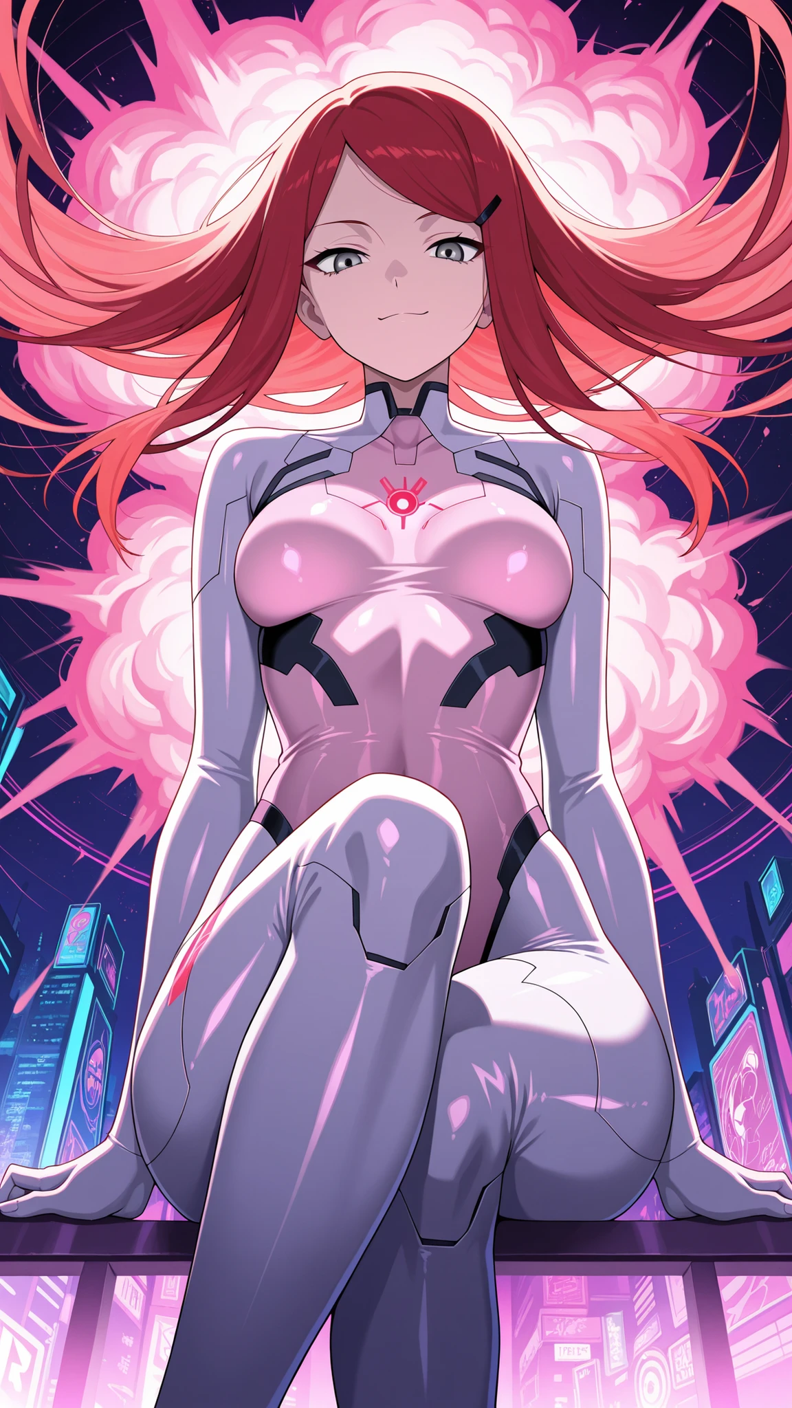 ,BREAK (masterpiece:1.2), best quality, high resolution, unity 8k wallpaper, (illustration:0.8), ultra-detailed cyberpunk city, massive neon explosion in the sky, glass skyscrapers glowing in toxic pinks, greens, purples, neon signs everywhere, streets reflecting the chaos of color, oversaturated hues, vibrant reflections, cinematic lighting, surreal color burst, intense atmosphere, 8k, masterpiece, synthwave tones, nightscape, kushina, long hair, hair ornament, red hair, hairclip, grey eyes, swept bangs, medium breasts, tight glossy pink bodysuit with deep neckline and neon trims, translucent fabric accents flowing from her waist, glowing medical symbol on her back, confident smirk,looking at viewer,cowboy shot,wide-angel,floating hair,sexy pose,transparent coat,sitting cross legs,from below,serious face