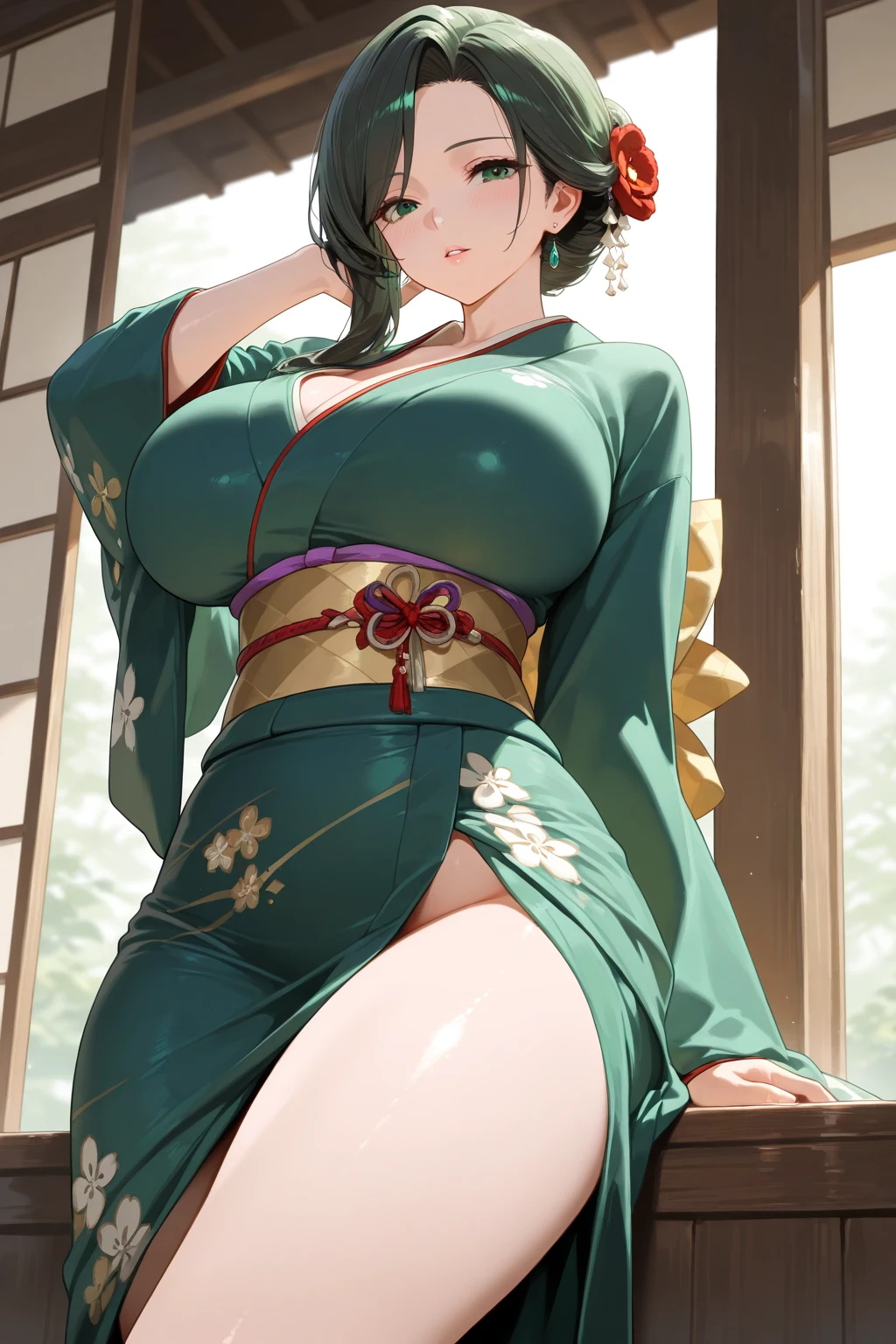 1girl,green hair,short ponytail,rimless eyewear,blue eyes,large breasts,fusion of floral print kimono and ball gown,balcony,night,cowboy shot,