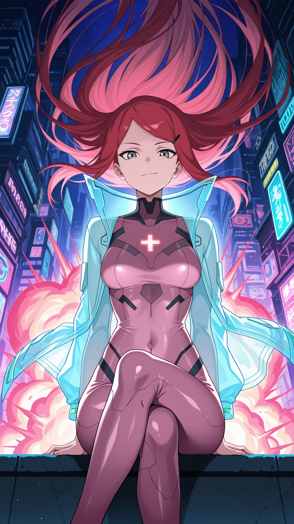 ,BREAK (masterpiece:1.2), best quality, high resolution, unity 8k wallpaper, (illustration:0.8), ultra-detailed cyberpunk city, massive neon explosion in the sky, glass skyscrapers glowing in toxic pinks, greens, purples, neon signs everywhere, streets reflecting the chaos of color, oversaturated hues, vibrant reflections, cinematic lighting, surreal color burst, intense atmosphere, 8k, masterpiece, synthwave tones, nightscape,  kushina, long hair, hair ornament, red hair, hairclip, grey eyes, swept bangs, medium breasts, tight glossy pink bodysuit with deep neckline and neon trims, translucent fabric accents flowing from her waist, glowing medical symbol on her back, confident smirk,looking at viewer,cowboy shot,wide-angel,floating hair,sexy pose,transparent coat,sitting cross legs,from below,serious face
