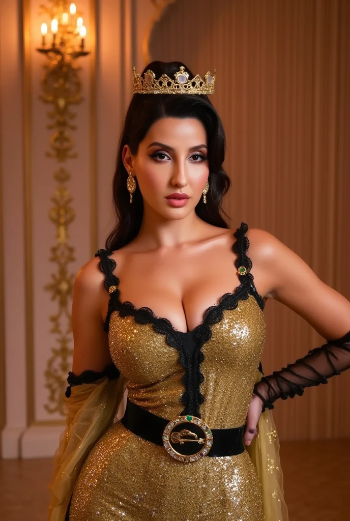 Greek/Polish, full-body view, 1girl, solo, large breasts, cleavage, wide hips, fit stomach, thick, voluptuous, long detailed eyelashes, (detailed eyes), full lips, (detailed skin texture:1.1), (minimum hair, realistic hair:1.2), HAIR: (dark hair), CLOTHING: (gold satin gown), BREAK; LOCATION: grand staircase, evening, EXPRESSION: (head tilted slightly), confident smile, warm lighting, depth of field, (photorealistic), Ultra High Definition, Raw Photo