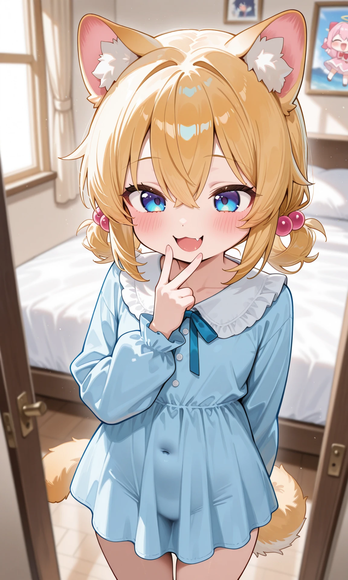 Girl&#39;s disheveled loungewear,((sleepy face rubs your eyes,girl&#39;s room,sit flat on bed,good morning,close up of face,messy short hair,gold and green and blue and purple,A gentle smile