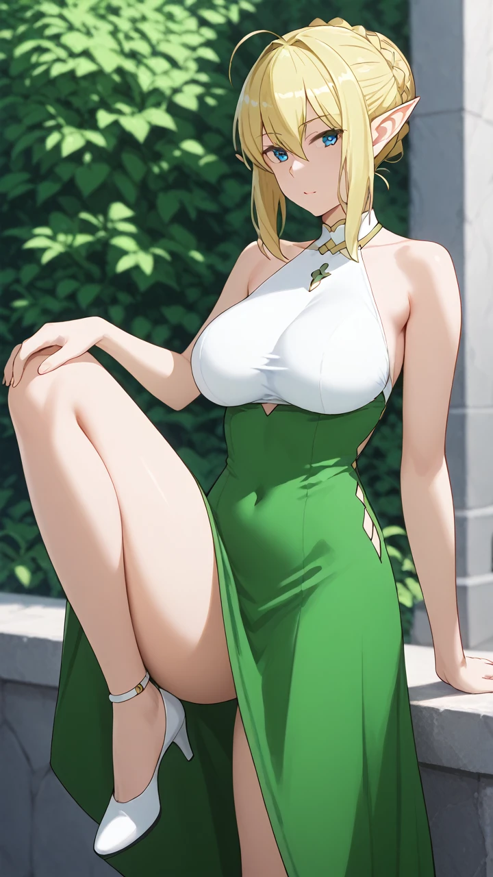 masterpiece, ultra high-quality, extremely detail 8k cg, high resolution, 1girl, pakura, green hair, orange eyes, thin body, huge breasts, bursting breasts, evening gown, halterneck, criss-cross halter, high heels, choker, beautiful face, outdoors, garden, night time, full shot photo, full body